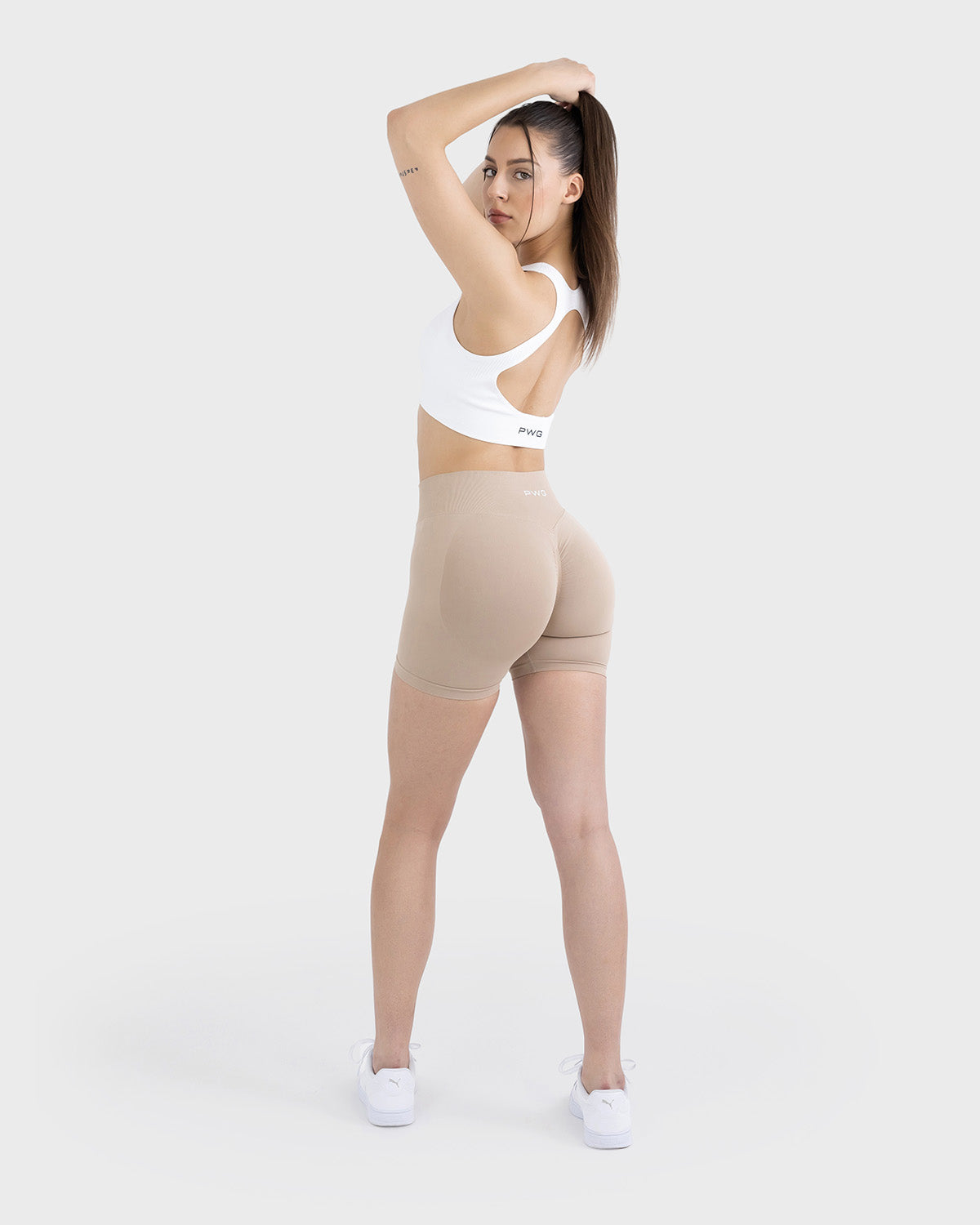PWG Active Form Sculpting Shorts in Silent Ivory, high ribbed waistband, sculpting design, scrunch back, 4” inseam - Back View