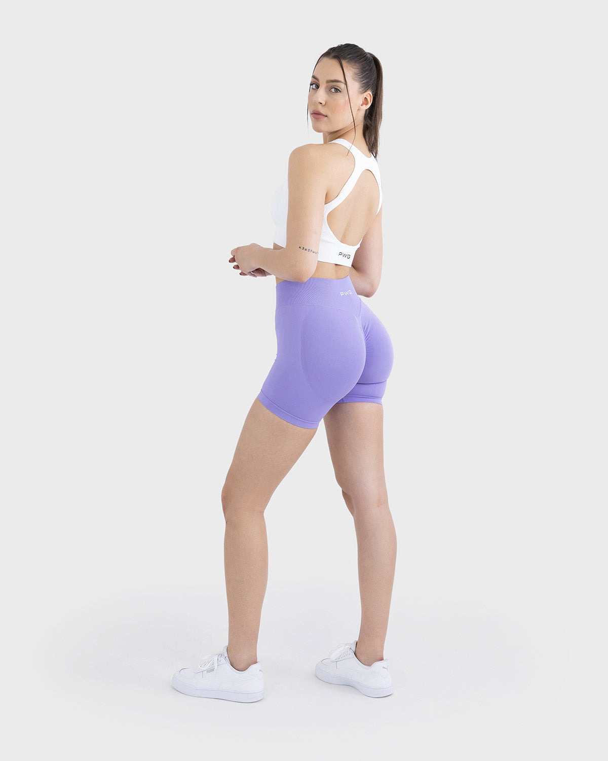 PWG Active Form Sculpting Shorts in Mystic Lilac, high ribbed waistband, sculpting design, scrunch back, 4” inseam - Side View