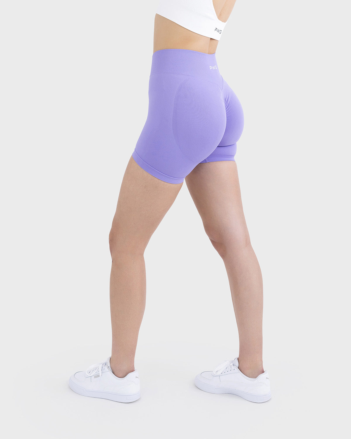 PWG Active Form Sculpting Shorts in Mystic Lilac, high ribbed waistband, sculpting design, scrunch back, 4” inseam - Side View