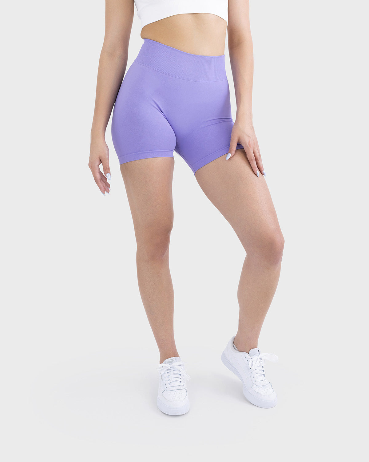 PWG Active Form Sculpting Shorts in Mystic Lilac, high ribbed waistband, sculpting design, scrunch back, 4” inseam - Front View