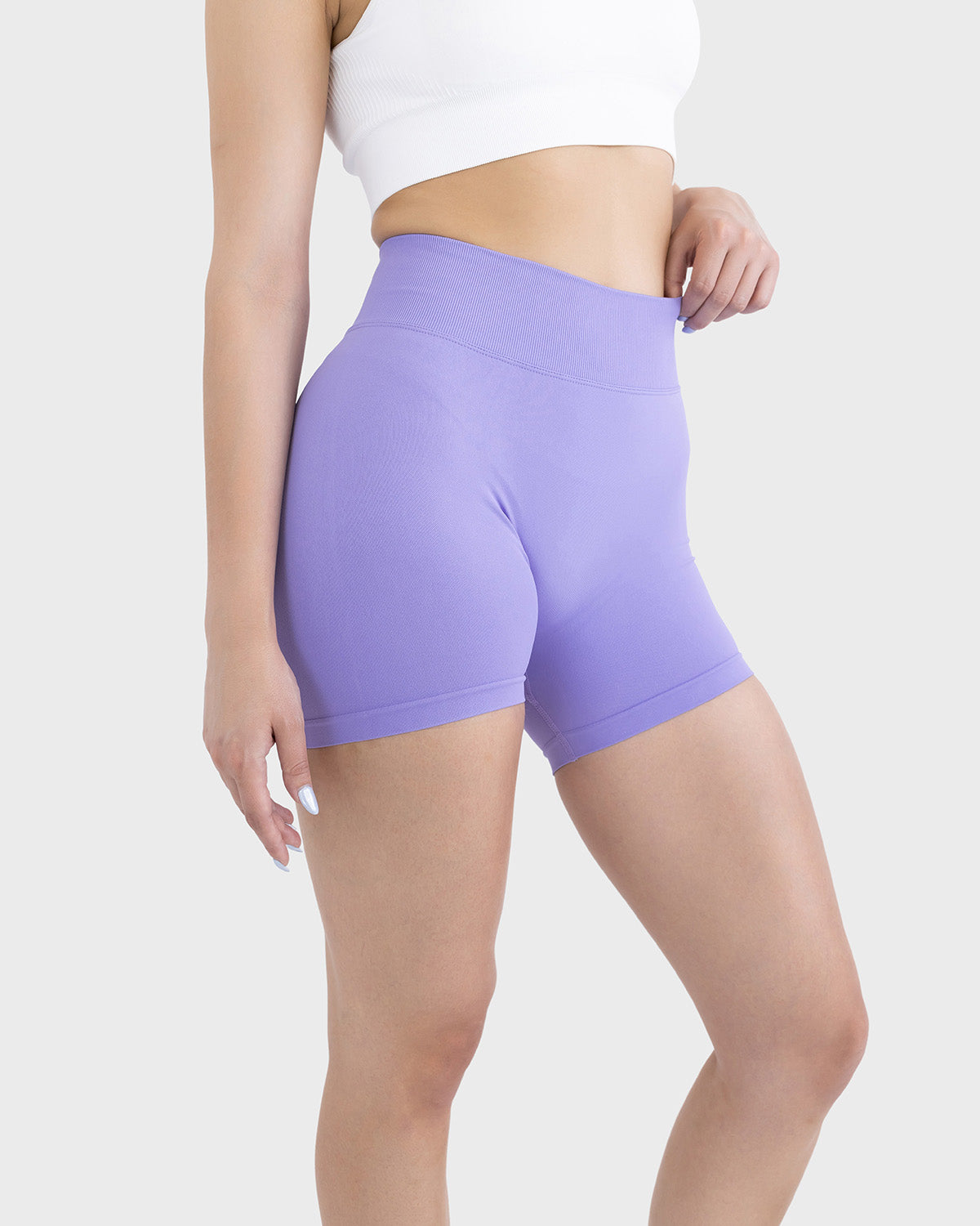 PWG Active Form Sculpting Shorts in Mystic Lilac, high ribbed waistband, sculpting design, scrunch back, 4” inseam