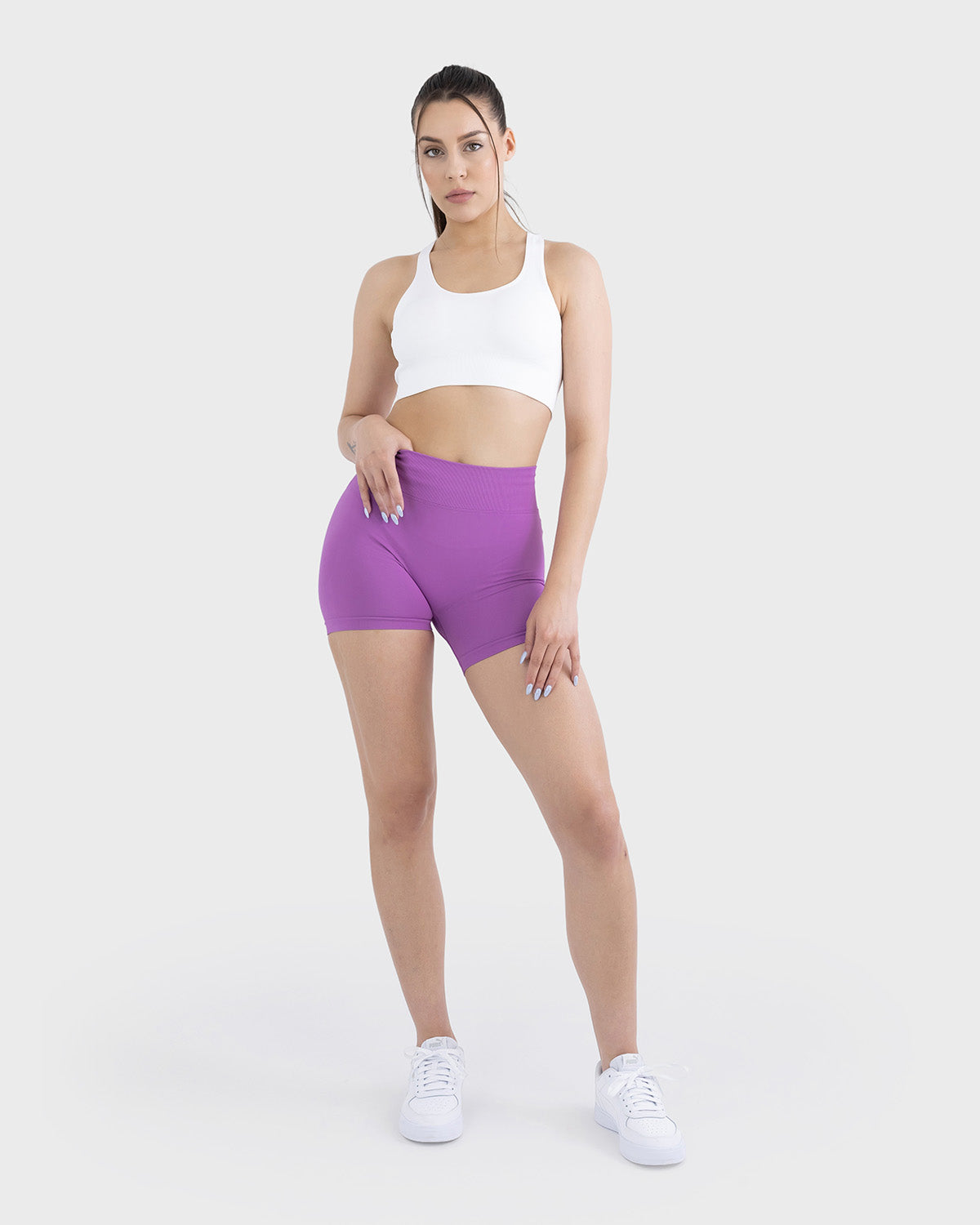 PWG Active Form Sculpting Shorts in Radiant Berry, high ribbed waistband, sculpting design, scrunch back, 4” inseam