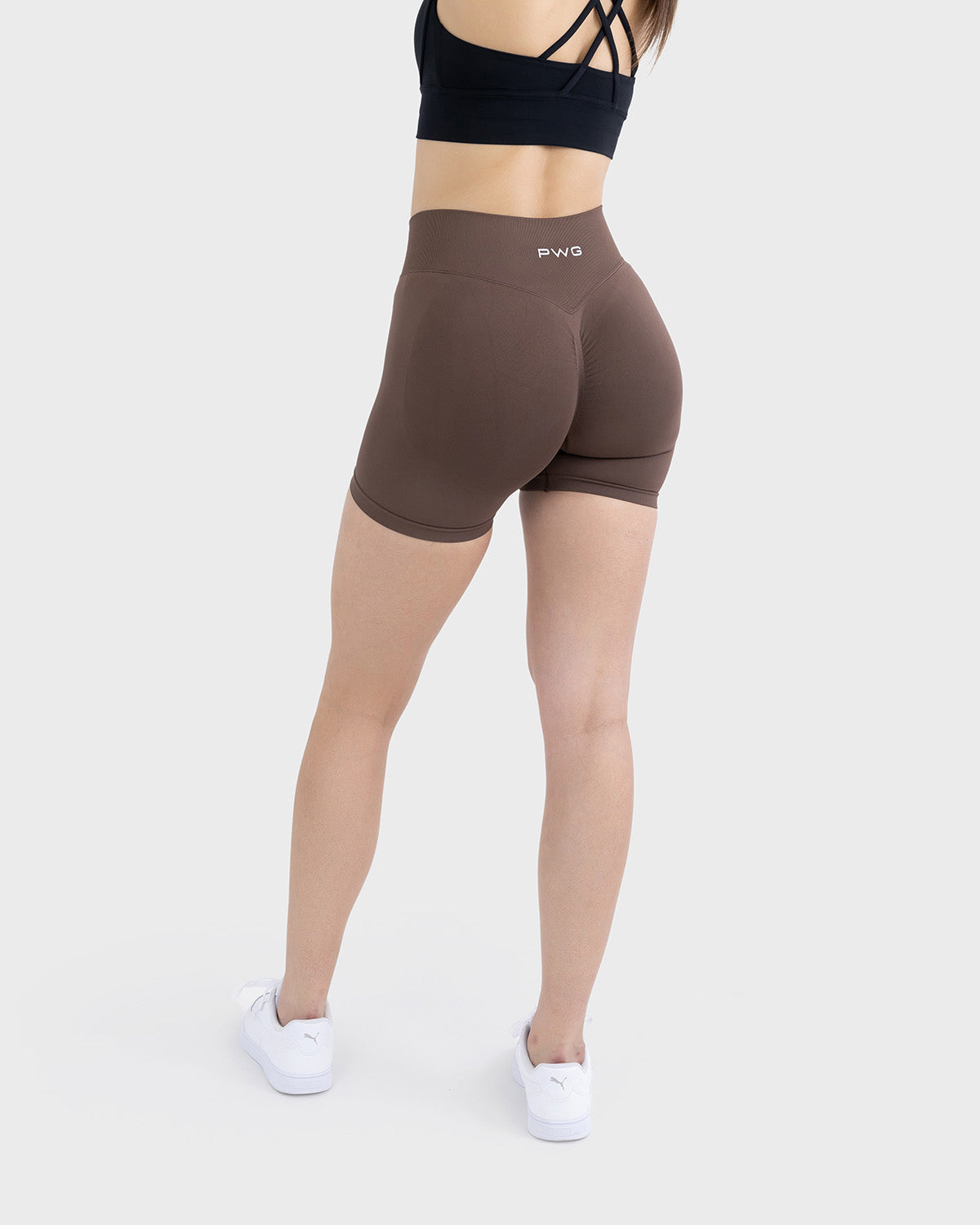 PWG Active Form Sculpting Shorts in Espresso Walnut, high ribbed waistband, sculpting design, scrunch back, 4” inseam - Back View