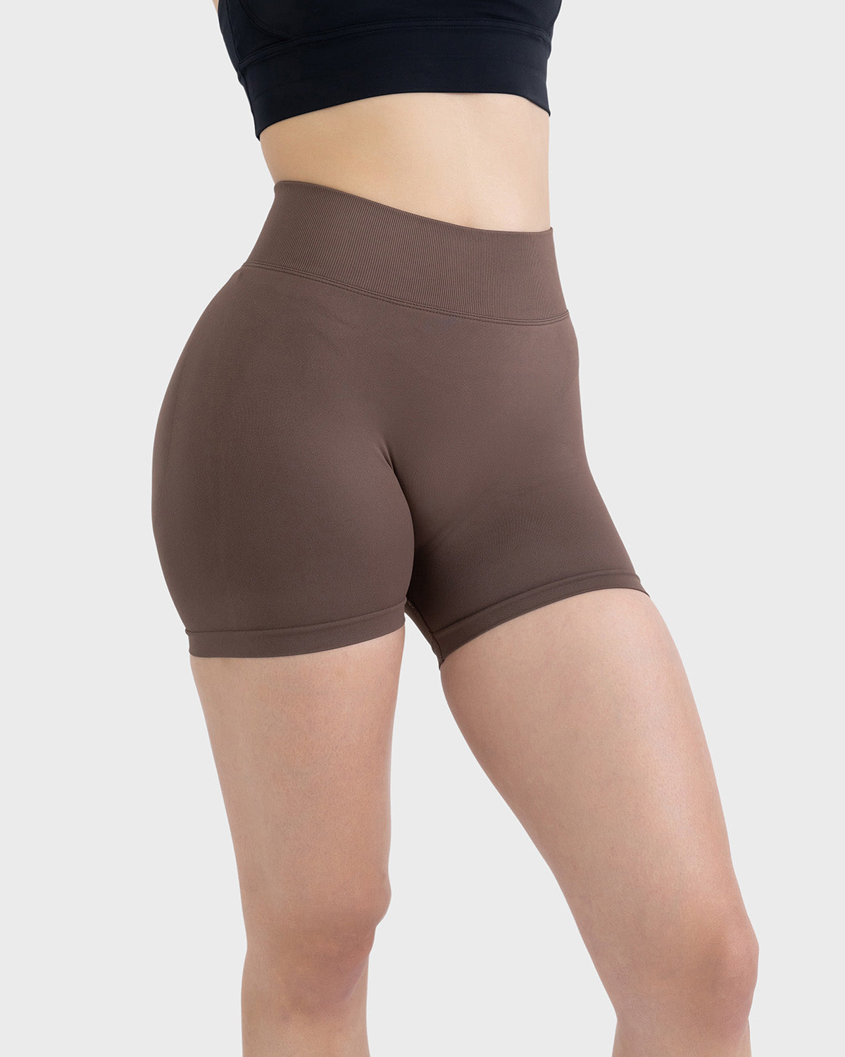 PWG Active Form Sculpting Shorts in Espresso Walnut, high ribbed waistband, sculpting design, scrunch back, 4” inseam - Front View