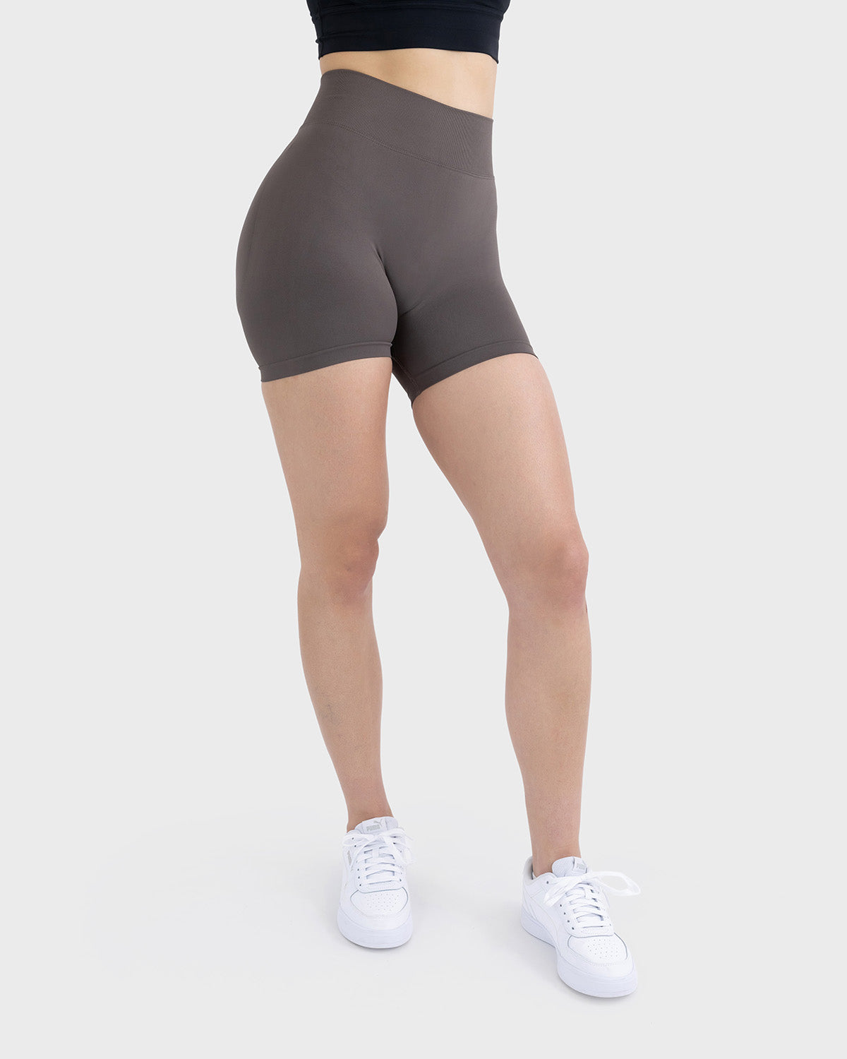 PWG Active Form Sculpting Shorts in Graphite, high ribbed waistband, sculpting design, scrunch back, 4” inseam - Front View