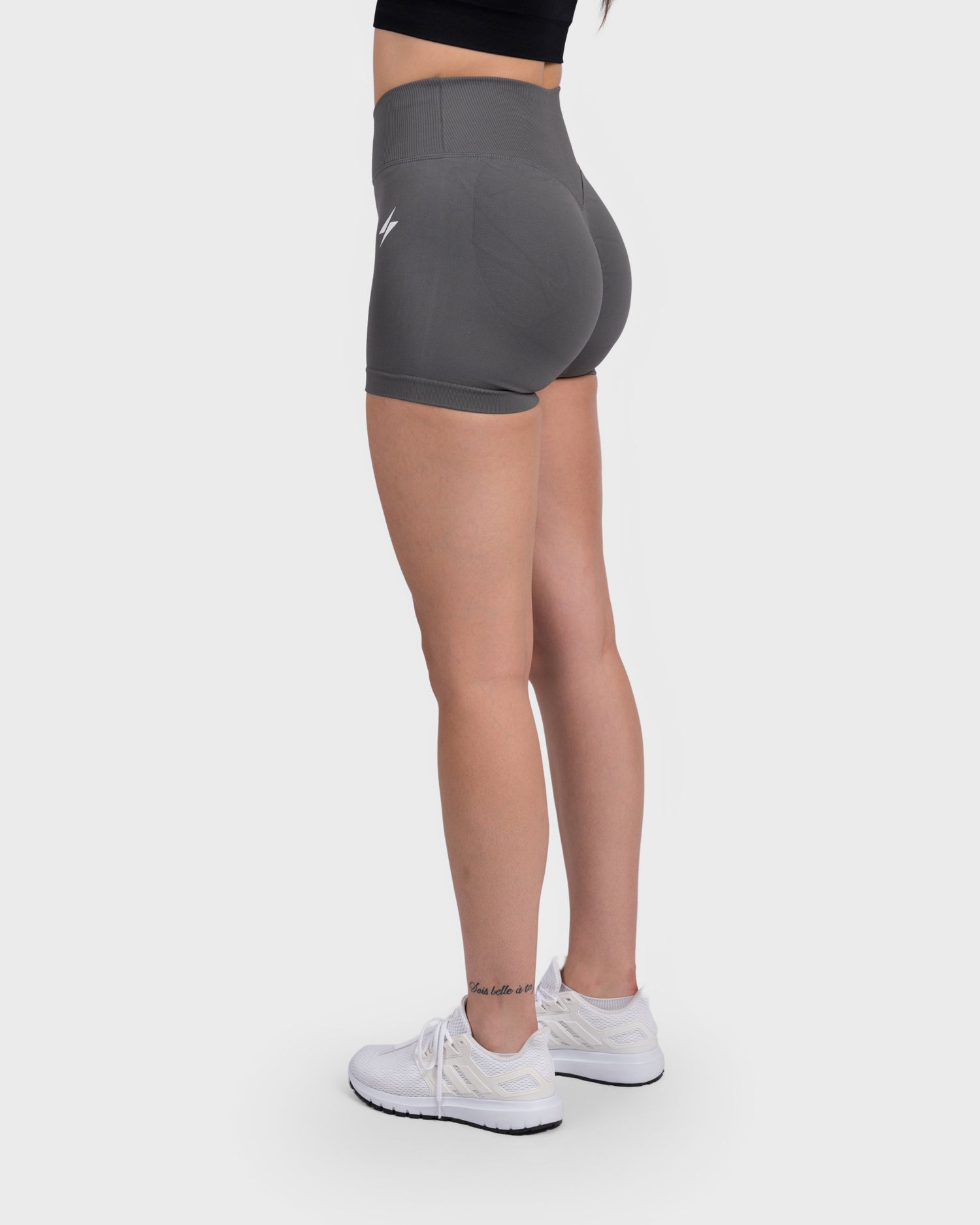 PWG Active Evolve V-Sculpt Shorts in Dark Grey – High-waisted, form-fitting gym shorts with a stylish V-cut waistband.