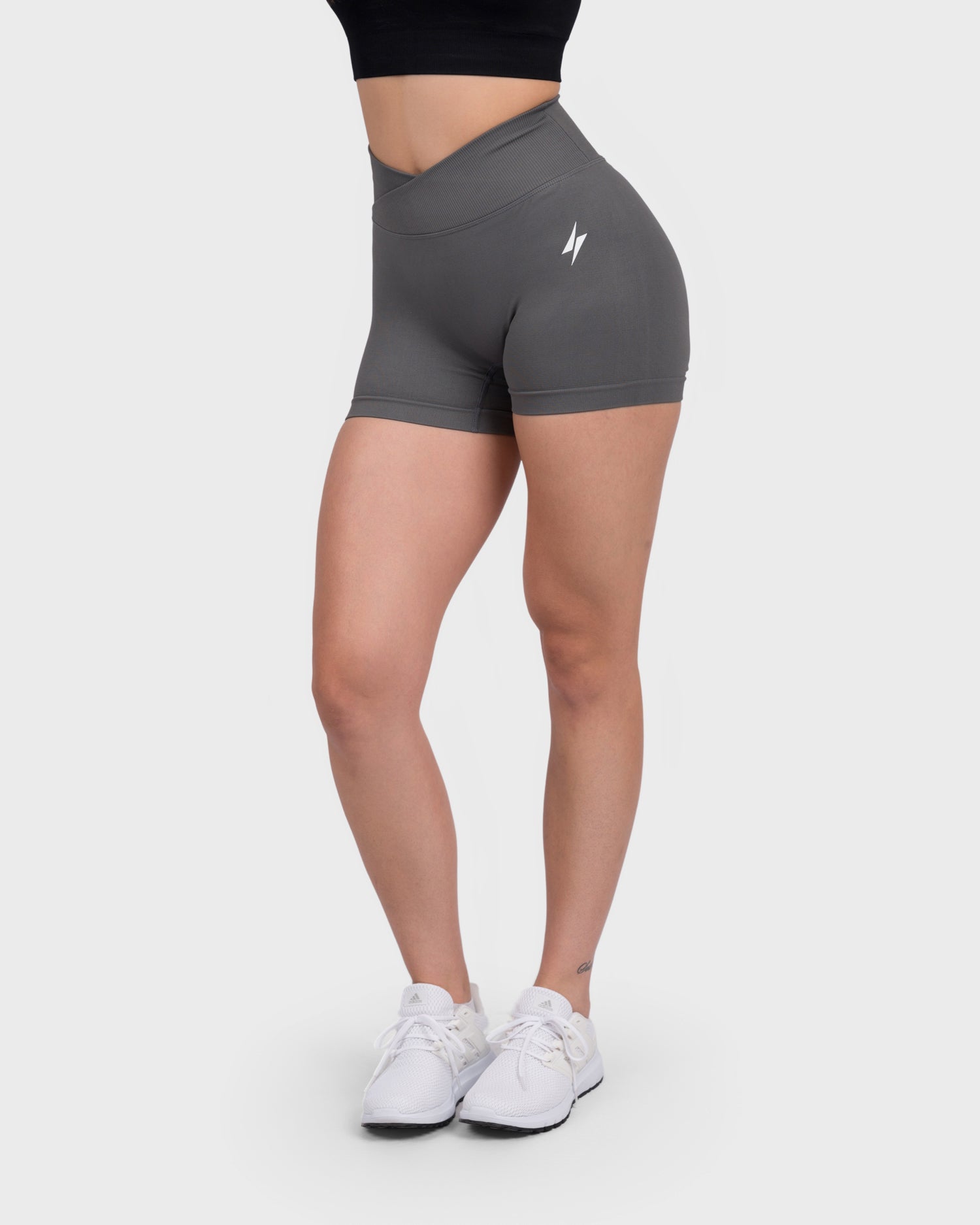 PWG Active Evolve V-Sculpt Shorts in Dark Grey – High-waisted, form-fitting gym shorts with a stylish V-cut waistband.