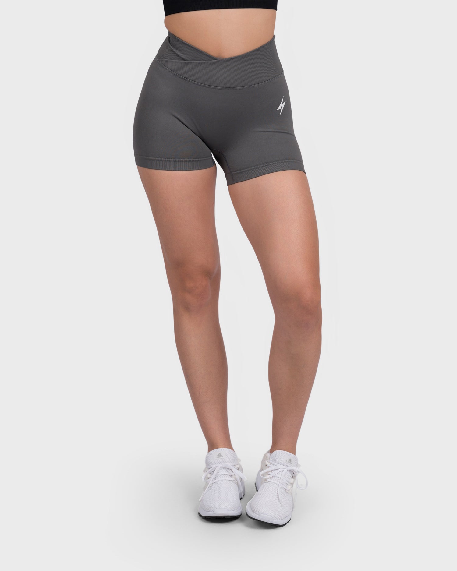 PWG Active Evolve V-Sculpt Shorts in Dark Grey – High-waisted, form-fitting gym shorts with a stylish V-cut waistband. - Front View