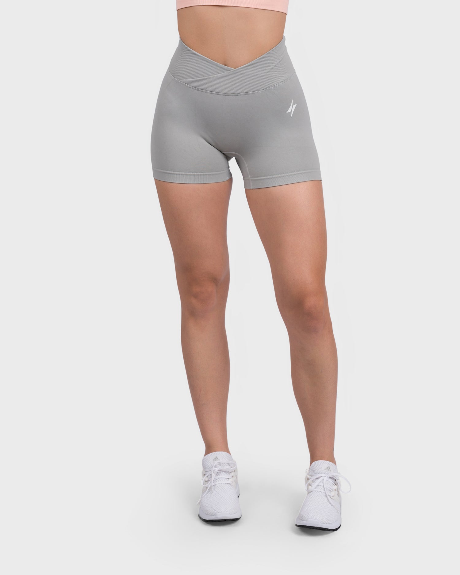 PWG Active Evolve V-Sculpt Shorts in Light Grey – High-waisted, form-fitting gym shorts with a stylish V-cut waistband - Front View