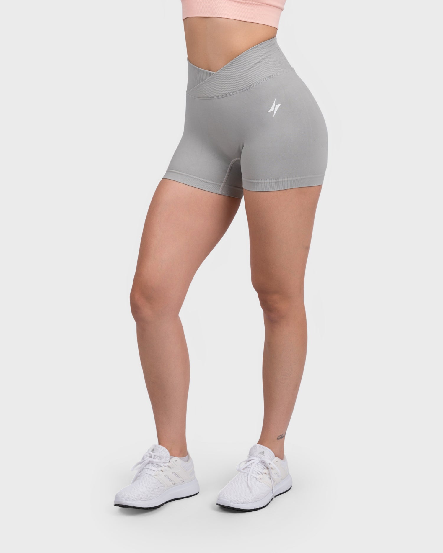 PWG Active Evolve V-Sculpt Shorts in Light Grey – High-waisted, form-fitting gym shorts with a stylish V-cut waistband. - Front View