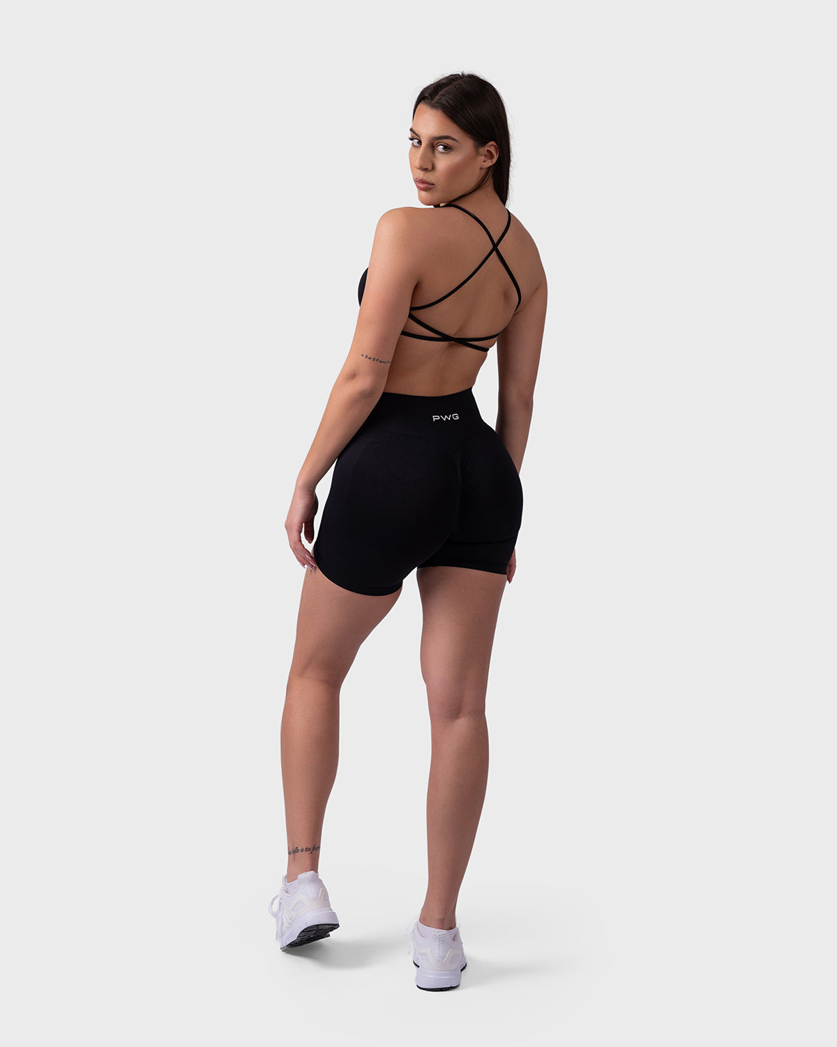 PWG Active Form Sculpting Shorts in Black – High Ribbed Waistband, Sculpting Design Gym Shorts - Back View