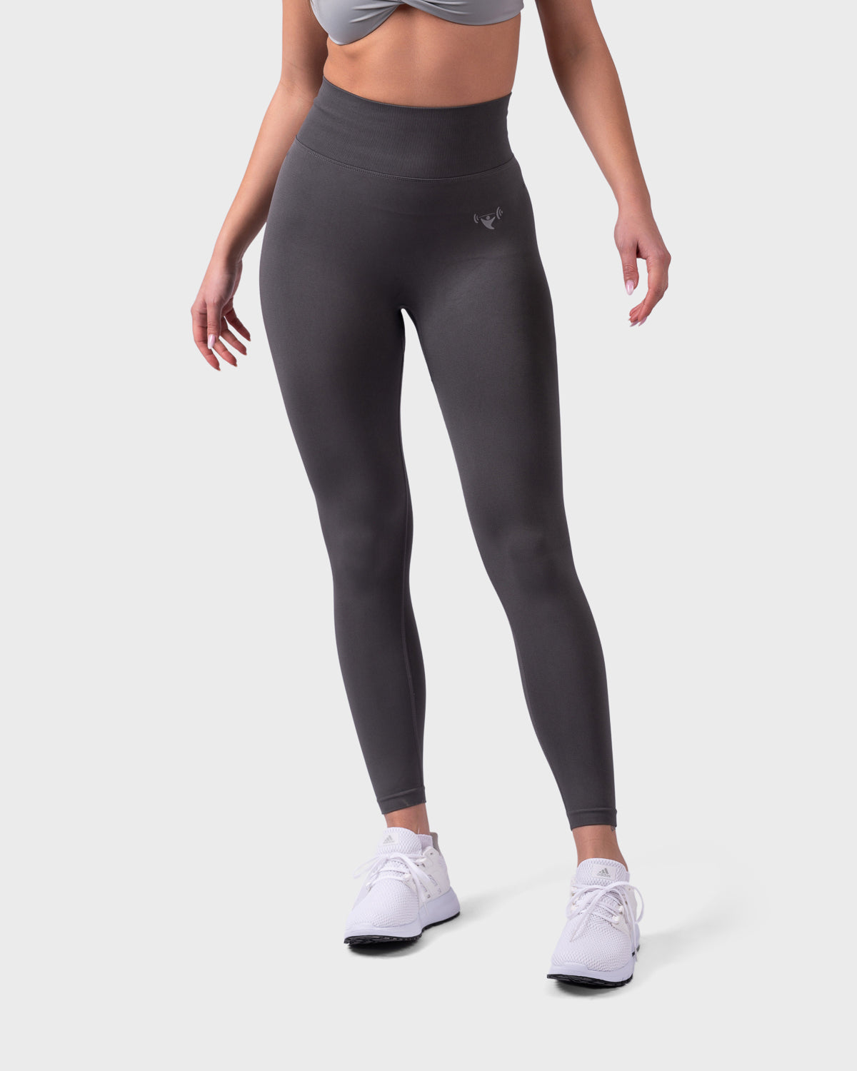 PWG Active Arise High Waisted Leggings in Grey, ultra high waist, squat-proof, scrunch form, curve contouring, breathable fabric - Front View