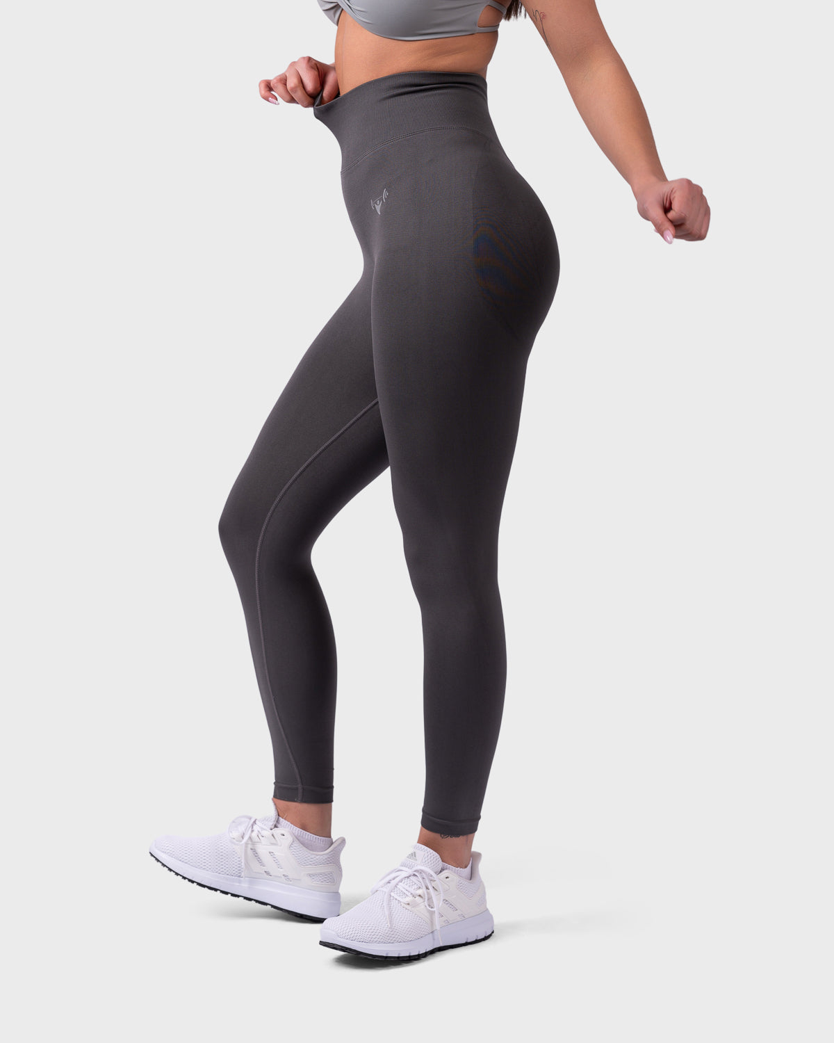PWG Active Arise High Waisted Leggings in Grey, ultra high waist, squat-proof, scrunch form, curve contouring, breathable fabric - Side View
