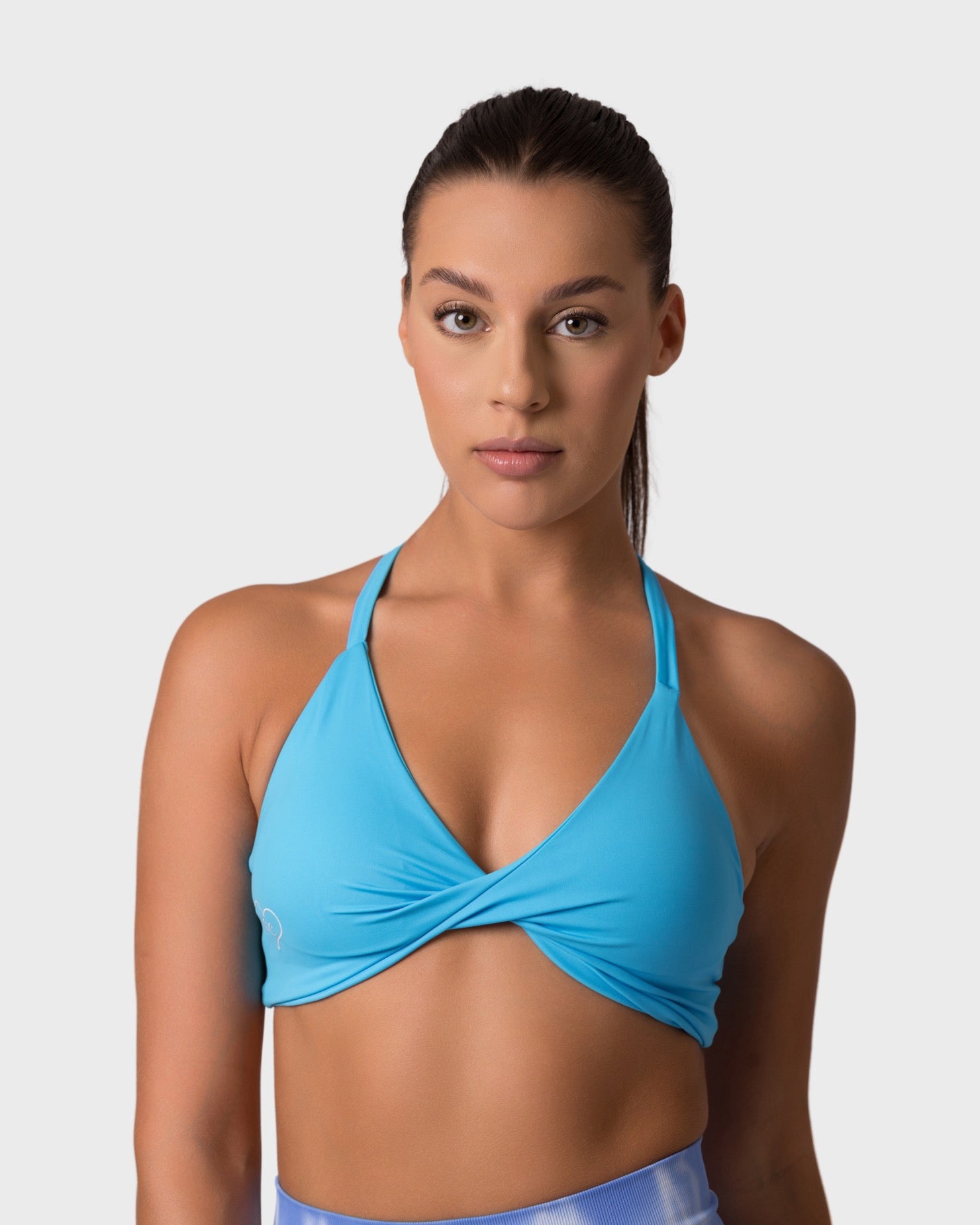 PWG x CC Knitted Sports Bra in Ocean Blue, eco-friendly, super soft, comfortable, and designed for fitness confidence - front view
