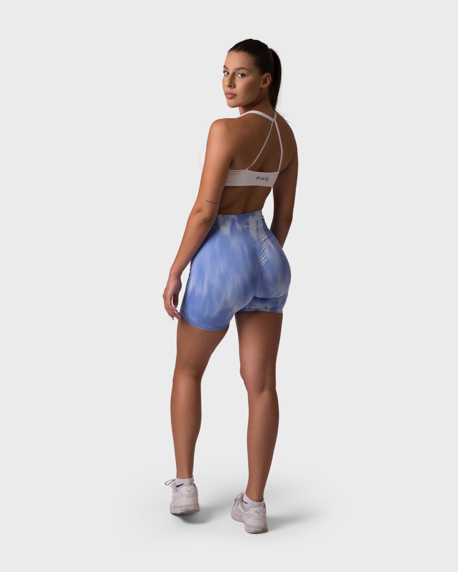 PWG x CC Shorts in Azure Horizon, eco-friendly, super soft, butt-lifting design for comfort and fitness confidence - Back View