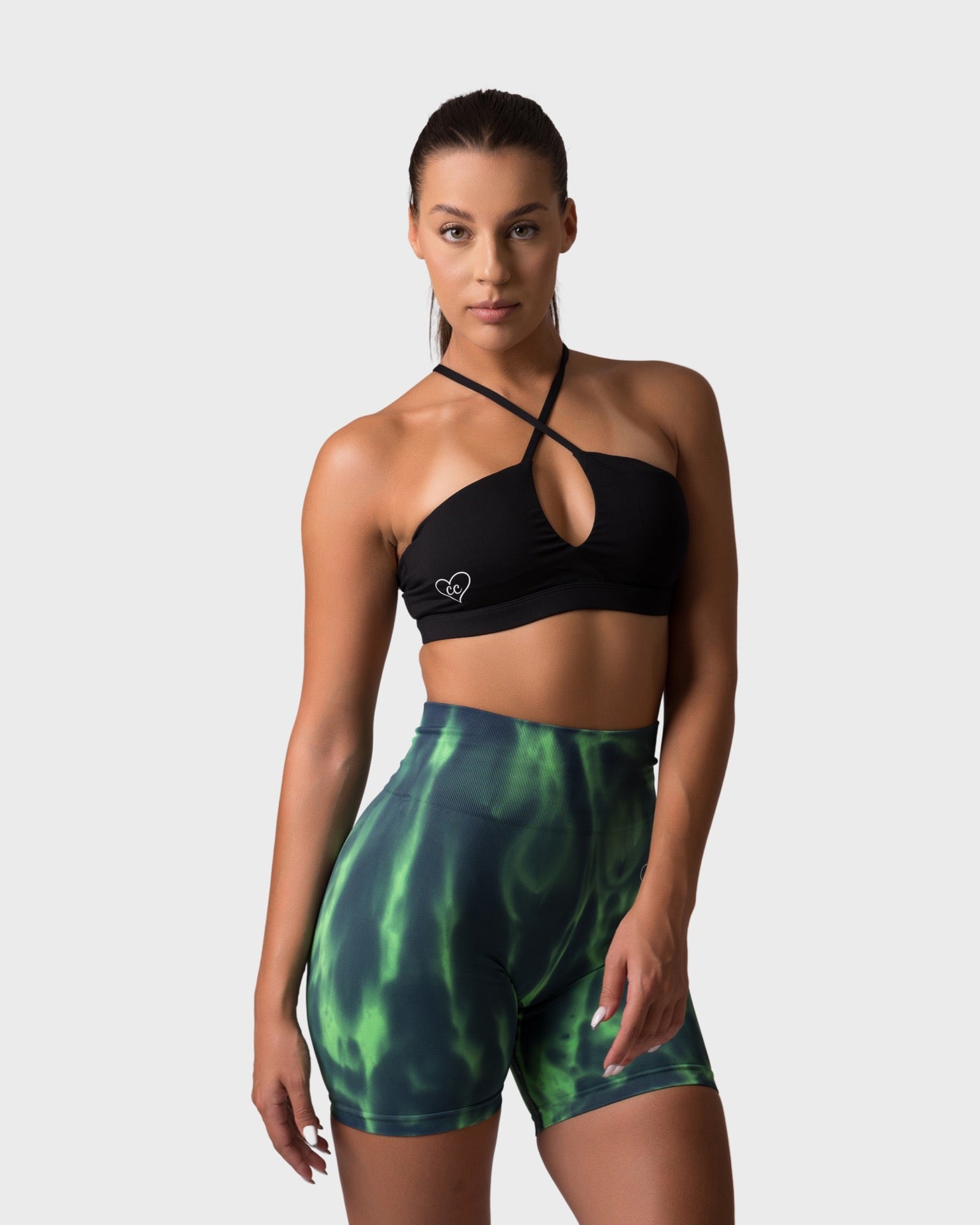 PWG x CC Cross-Shoulder Bra in Black, eco-friendly, super soft, comfortable, and designed for fitness confidence - Front View