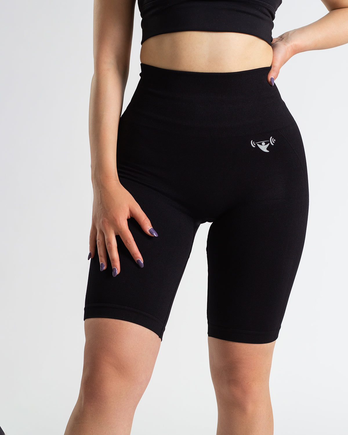 PWG Active Scrunched Lifting Contour High Waist Shorts in Black, scrunch design, lifting effect, high waist, breathable fabric - Front View