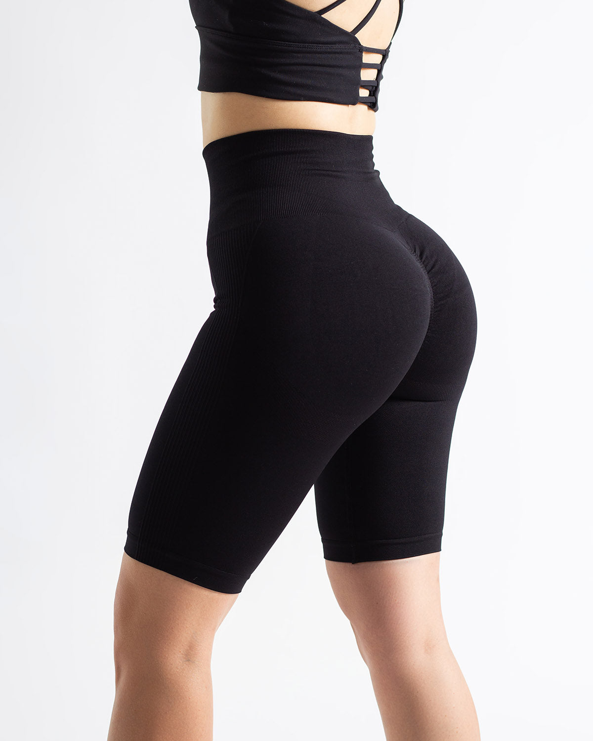 PWG Active Scrunched Lifting Contour High Waist Shorts in Black, scrunch design, lifting effect, high waist, breathable fabric - Back View
