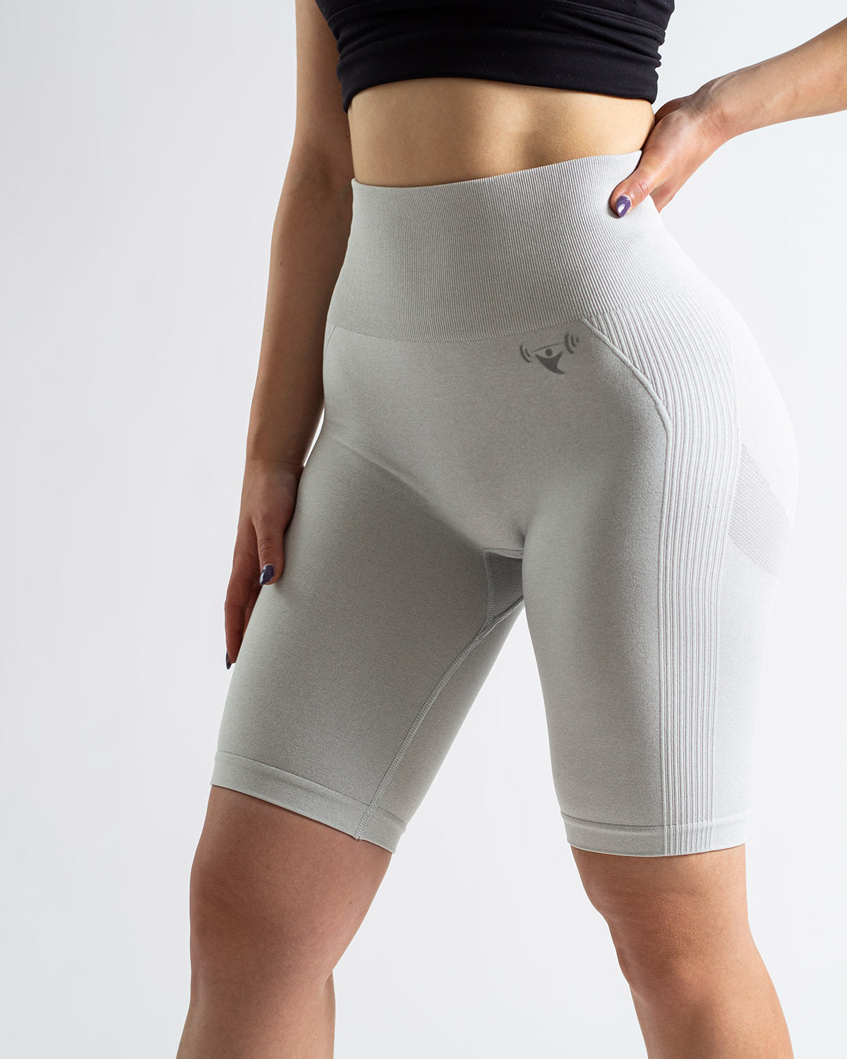 PWG Active Scrunched Lifting Contour High Waist Shorts in Light Grey, scrunch design, lifting effect, high waist, breathable fabric