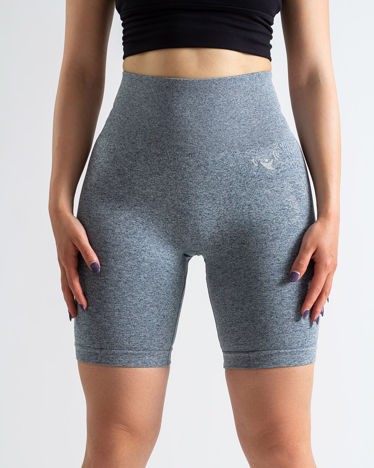 PWG Active Scrunched Lifting Contour High Waist Shorts in Blue, scrunch design, lifting effect, high waist, breathable fabric - Front View