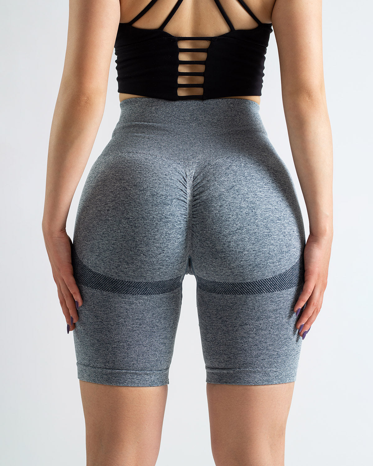 PWG Active Scrunched Lifting Contour High Waist Shorts in Blue, scrunch design, lifting effect, high waist, breathable fabric - Back View