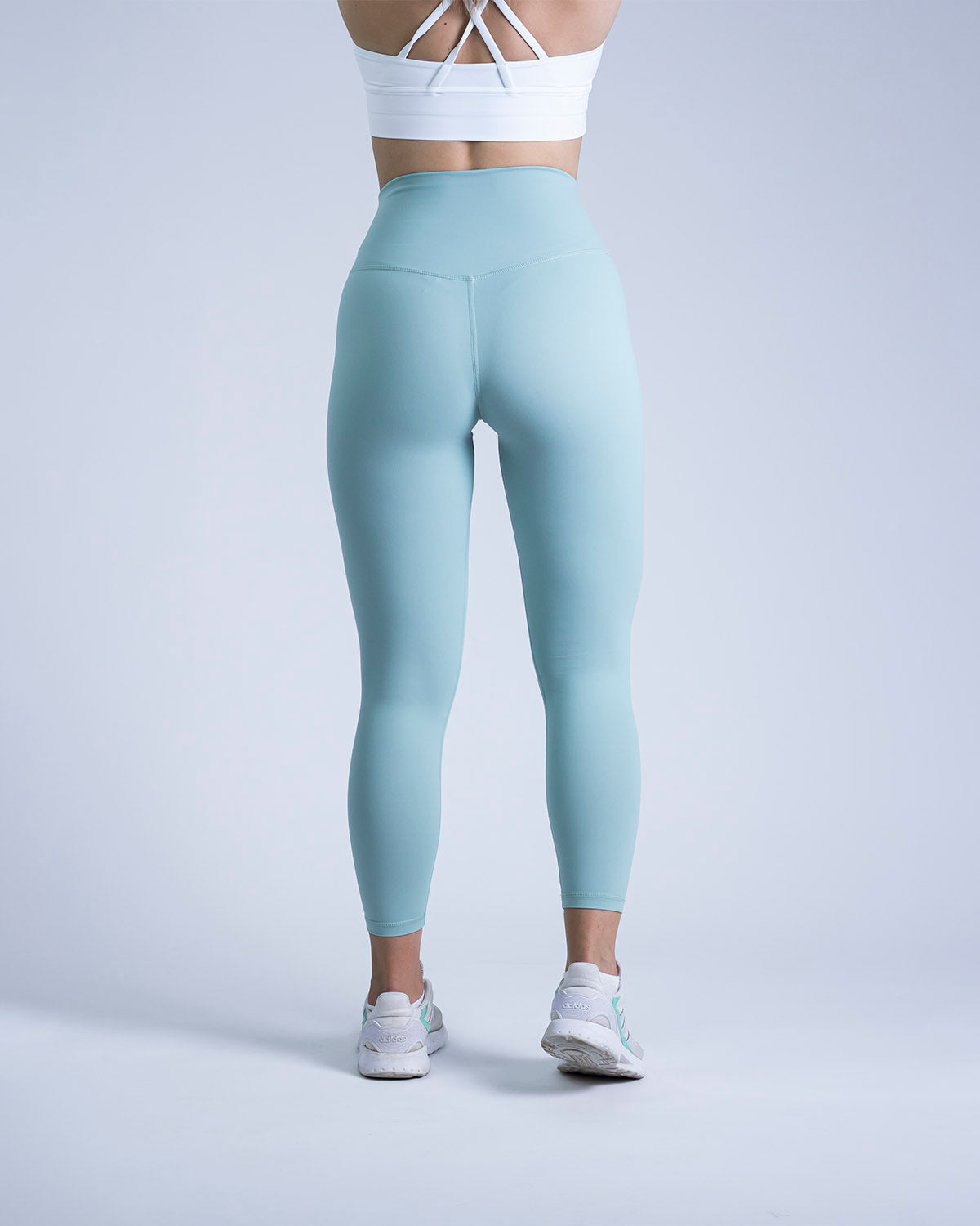PWG Active Sense High Waisted Leggings in Aqua, form-fitting, second-skin feel, squat-proof, breathable material - Back View