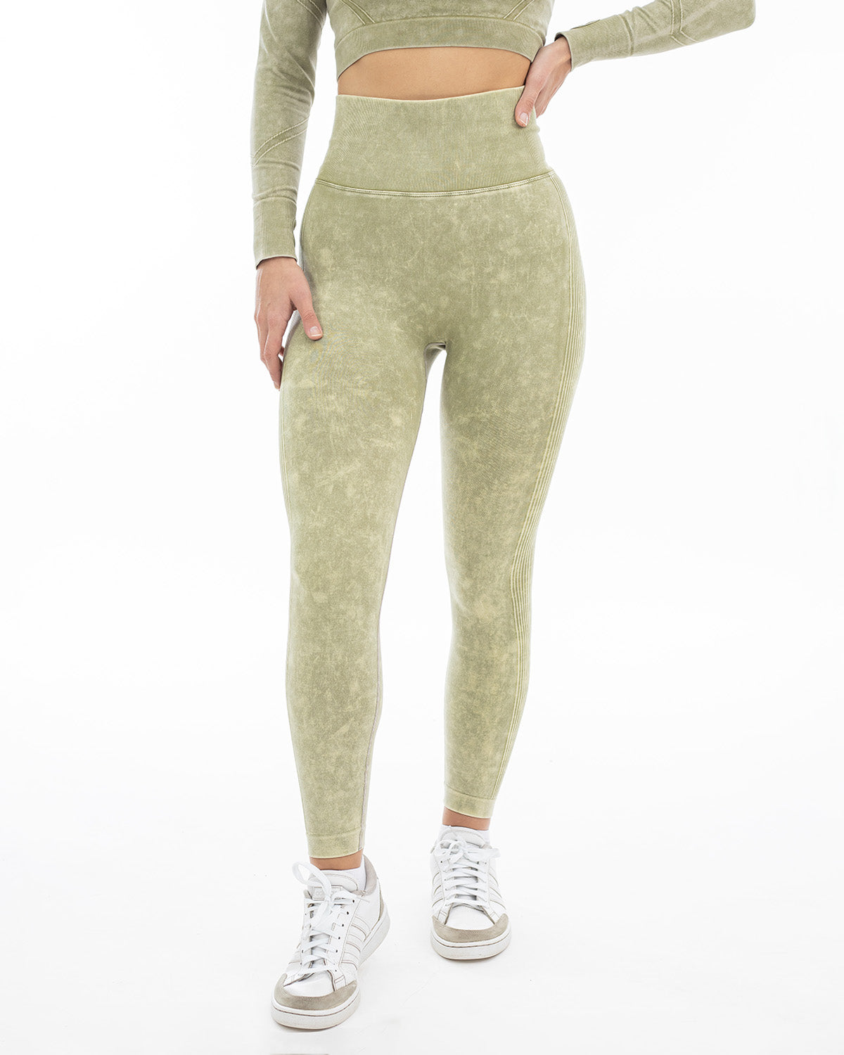 PWG Active Ultra Power High Waisted Contour Leggings in Green, form-fitting, acid wash, squat-proof, scrunch contour - Front View