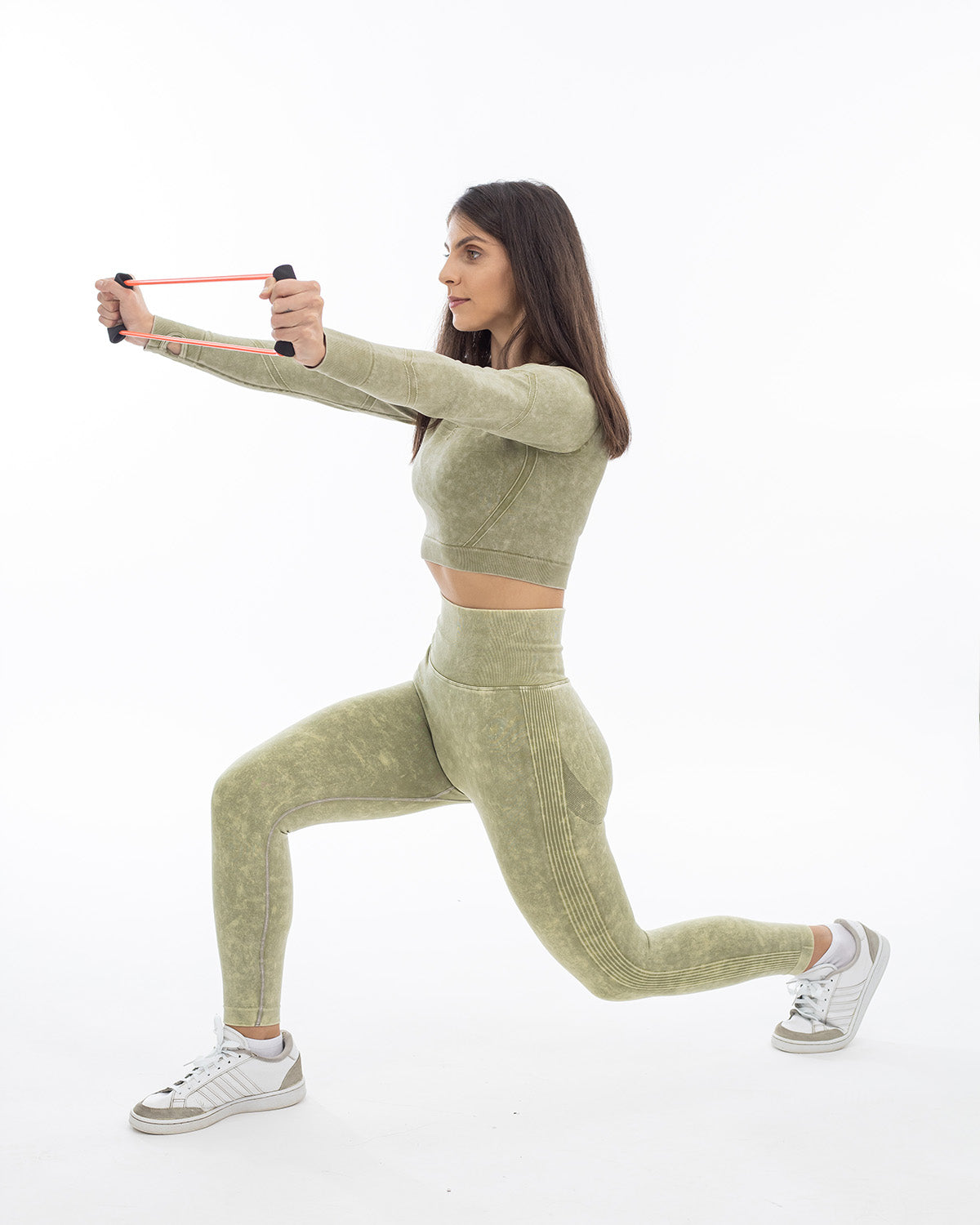 PWG Active Ultra Power Long Sleeve Top in Green, form-fitting, acid wash, front scrunch, thumb holes, embossed detail - Side View