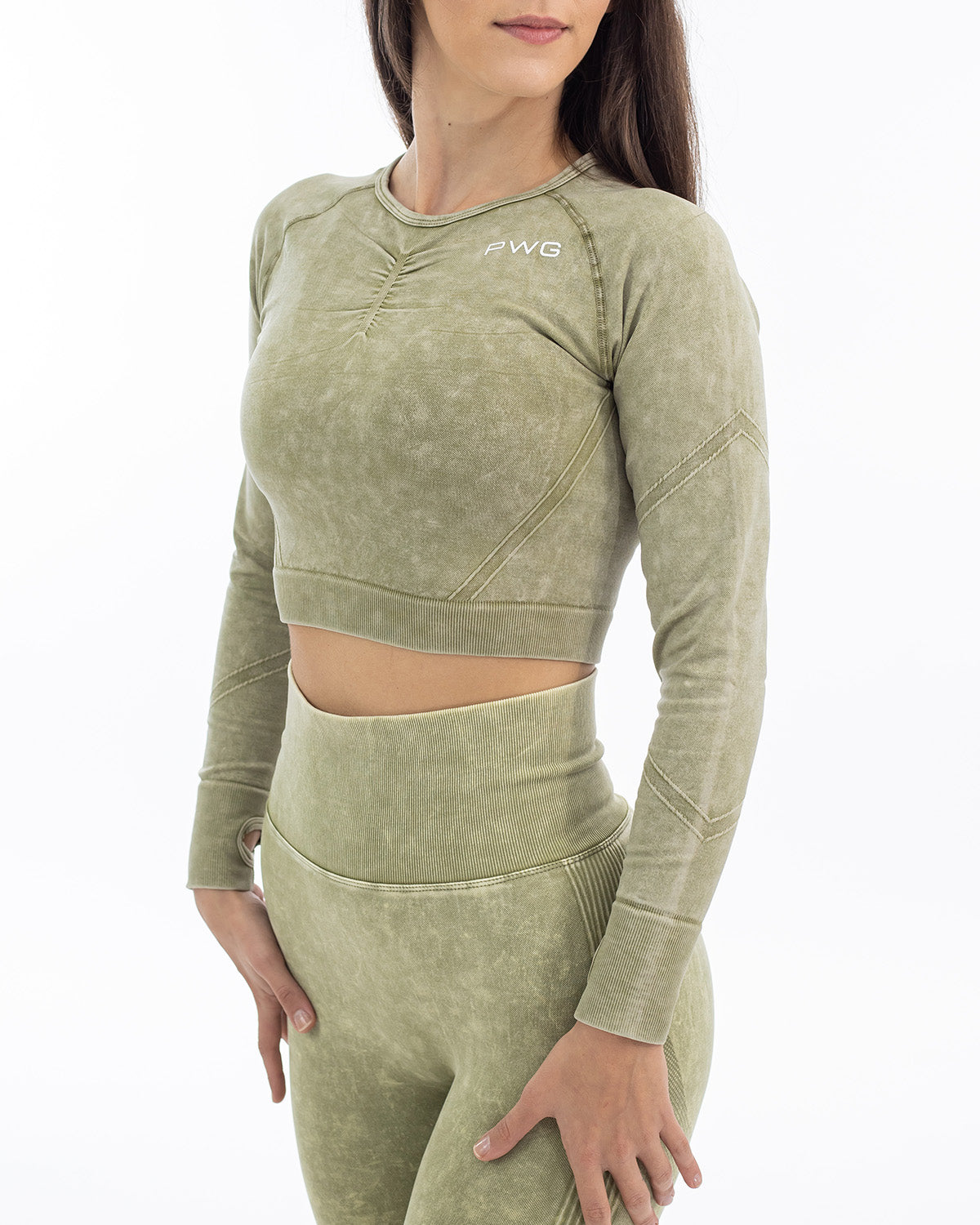 PWG Active Ultra Power Long Sleeve Top in Green, form-fitting, acid wash, front scrunch, thumb holes, embossed detail