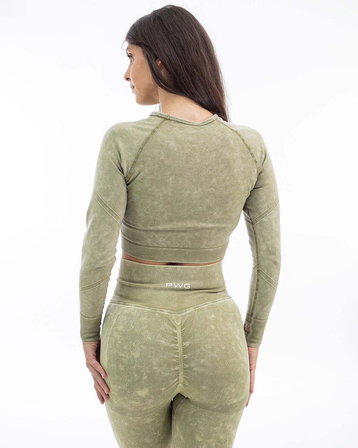 PWG Active Ultra Power Long Sleeve Top in Green, form-fitting, acid wash, front scrunch, thumb holes, embossed detail - Back View