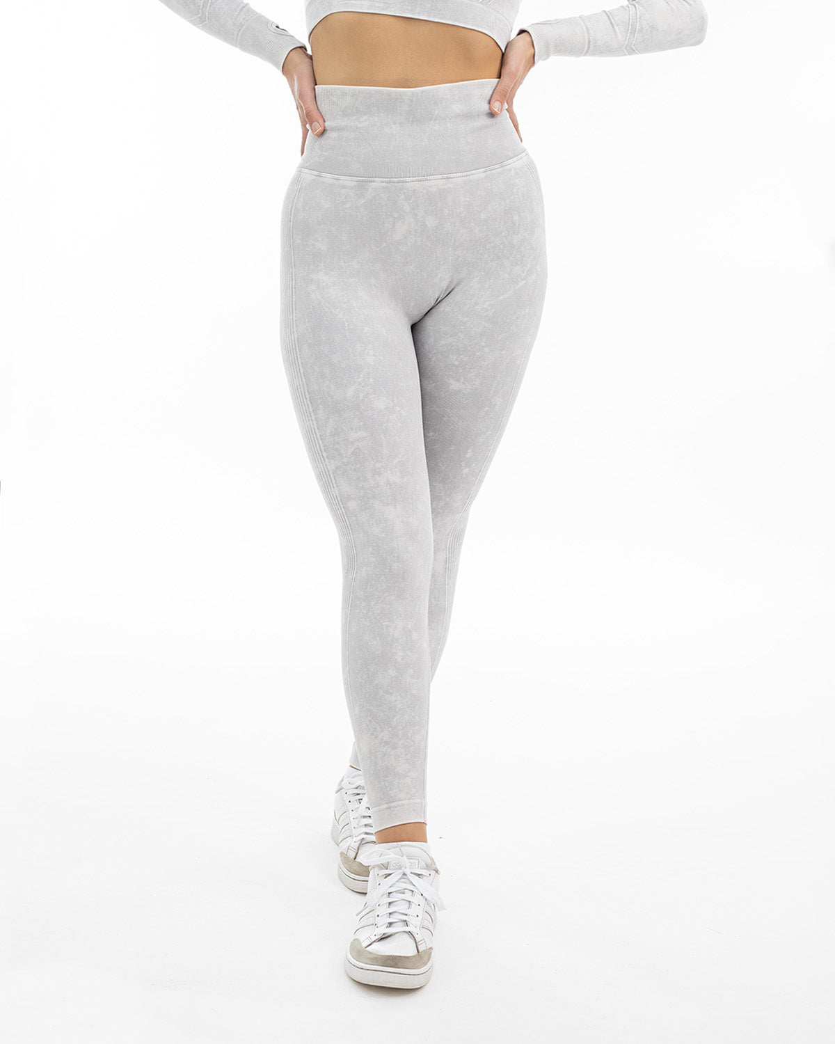 PWG Active Ultra Power High Waisted Contour Leggings in Light Grey, form-fitting, acid wash, squat-proof, scrunch contour - Front View