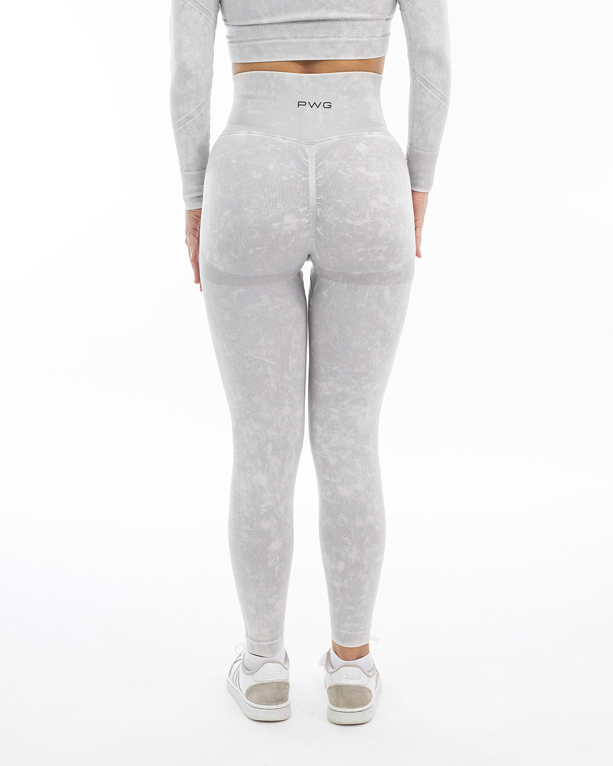 PWG Active Ultra Power High Waisted Contour Leggings in Light Grey, form-fitting, acid wash, squat-proof, scrunch contour - Back View