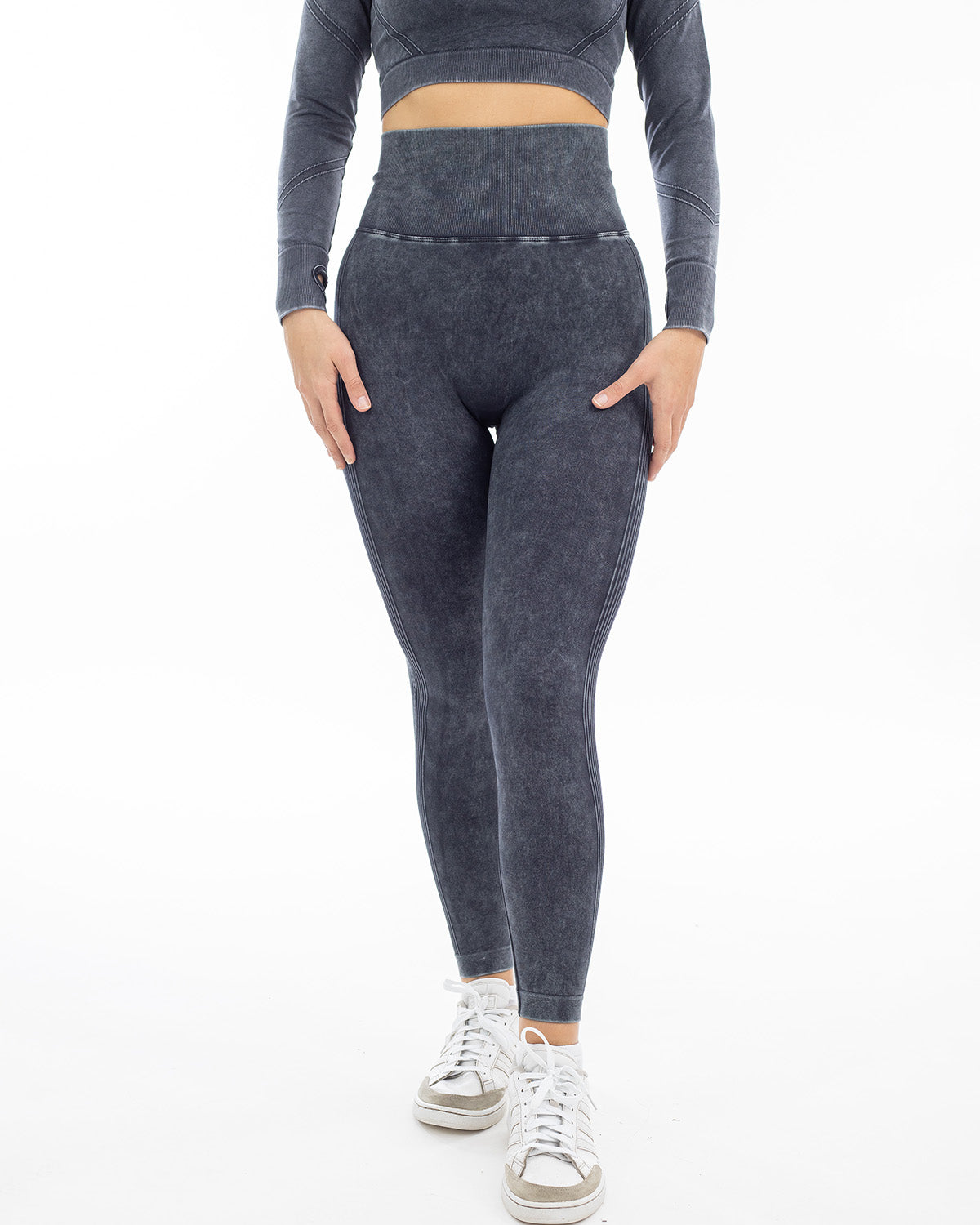 PWG Active Ultra Power High Waisted Contour Leggings in Black, form-fitting, acid wash, squat-proof, scrunch contour - Front View