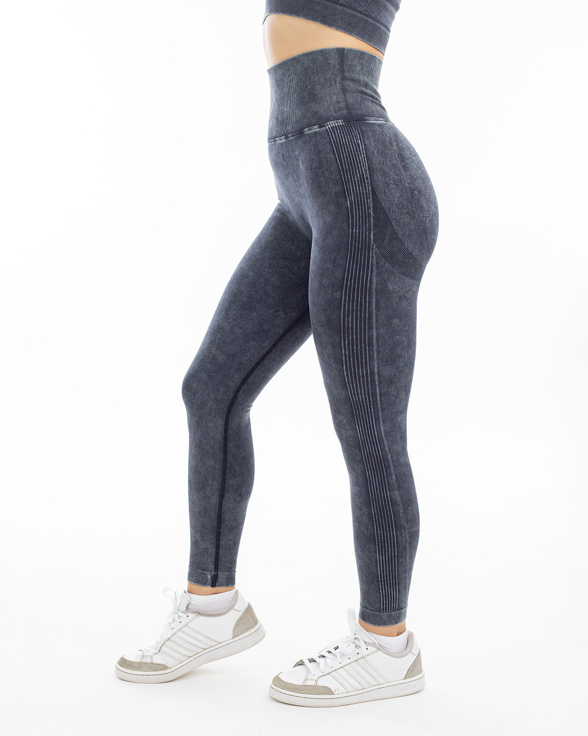 PWG Active Ultra Power High Waisted Contour Leggings in Black, form-fitting, acid wash, squat-proof, scrunch contour - Side View