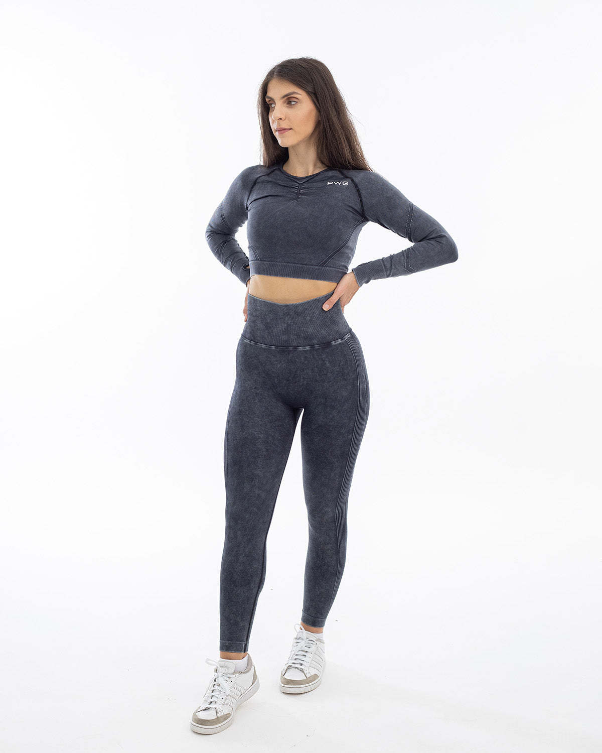 PWG Active Ultra Power Long Sleeve Top in Black, form-fitting, acid wash, front scrunch, thumb holes, embossed detail