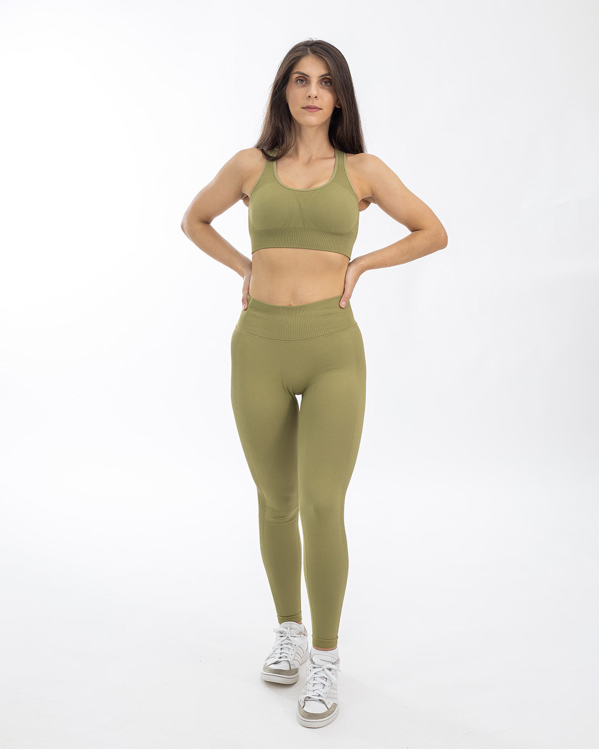 PWG Active Boost+ Leggings in Green, high-waisted, scrunch design, breathable, compression stretch, contouring fit - Front View