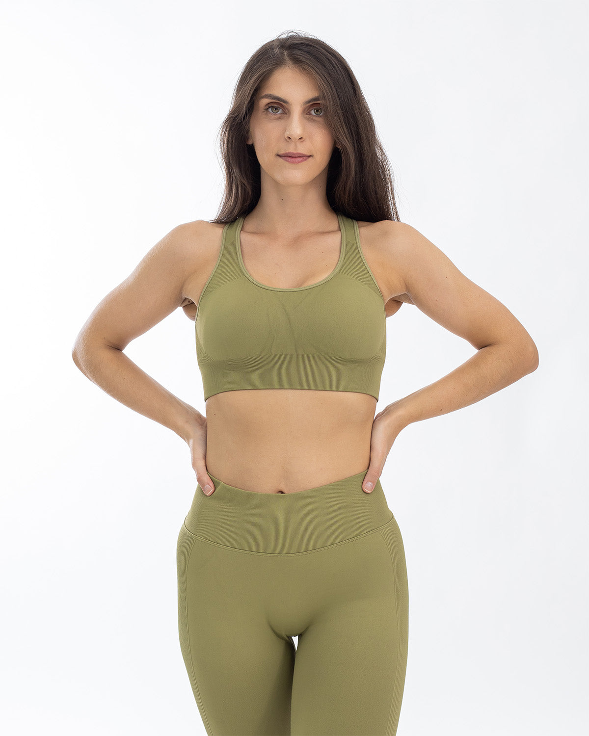 PWG Active Boost+ Open Back Sports Bra in Green, body fit, open back, medium support, plunge neckline, embossed details - Front View