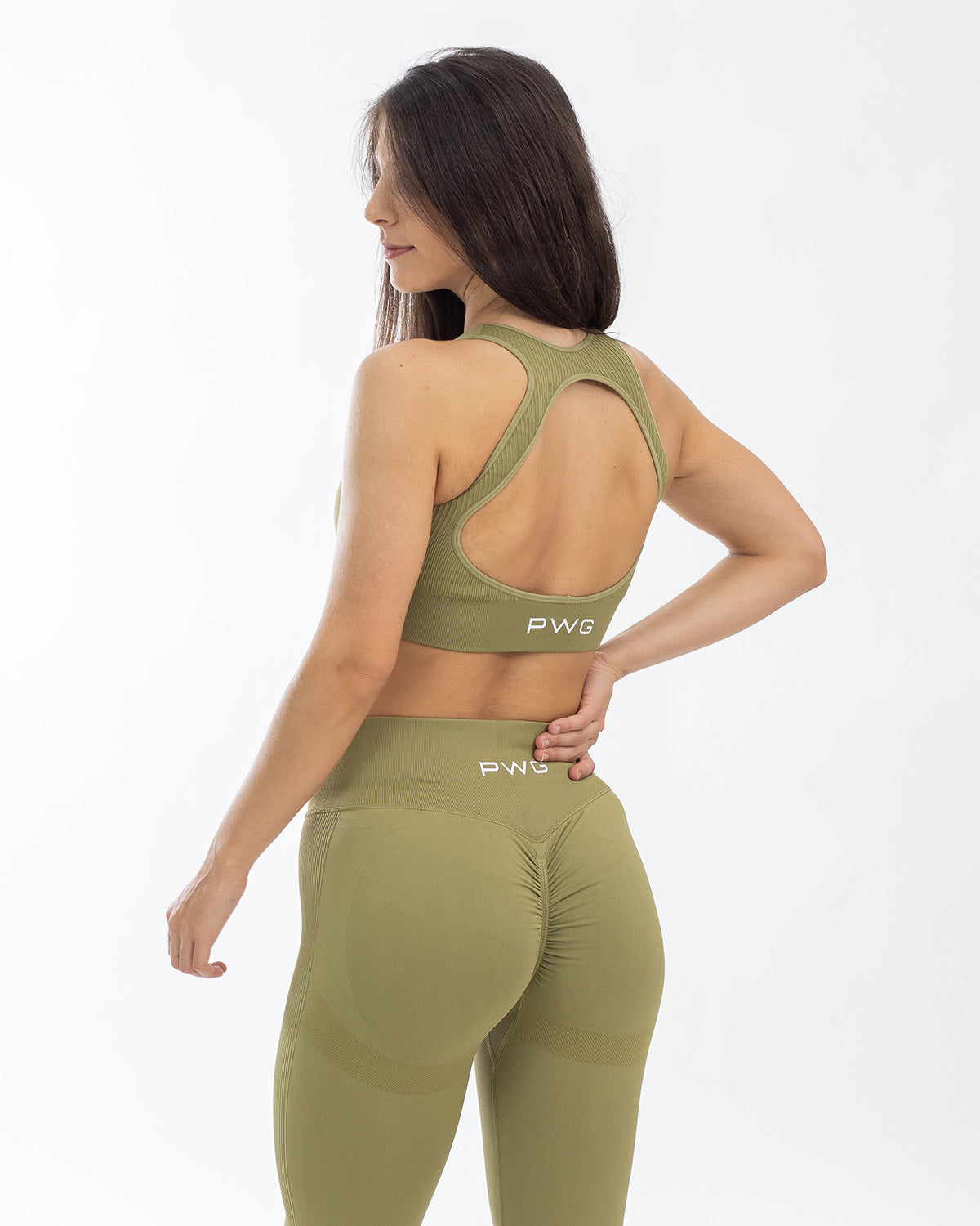 PWG Active Boost+ Open Back Sports Bra in Green, body fit, open back, medium support, plunge neckline, embossed details - Back View