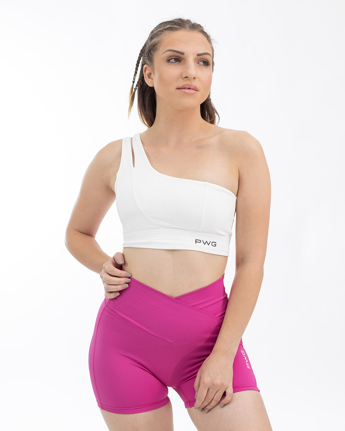 PWG Active Sense Lux One Shoulder Sports Bra in White, body fit, medium support, embossed contour lines, heat-sealed logo - Front View