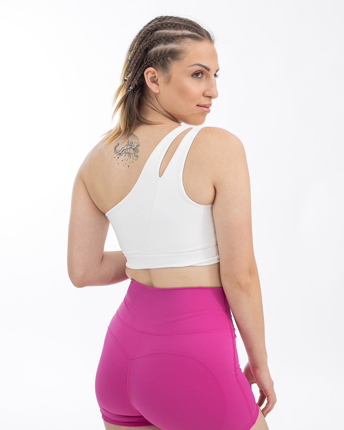 PWG Active Sense Lux One Shoulder Sports Bra in White, body fit, medium support, embossed contour lines, heat-sealed logo - Back View