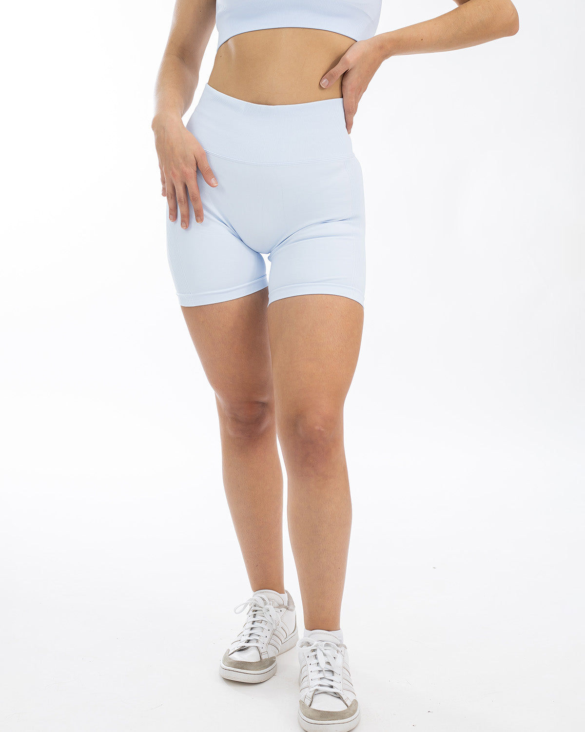 PWG Active Boost+ High Waisted Scrunch Shorts in Light Blue, high-waisted, scrunch design, breathable, compression stretch - Front View