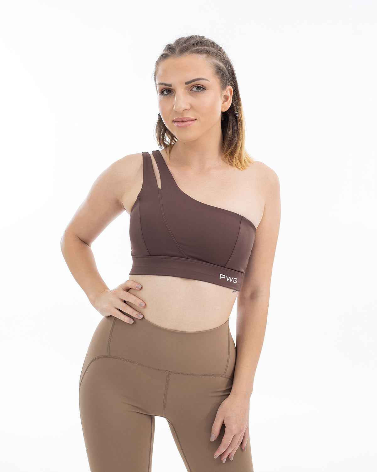 PWG Active Sense Lux One Shoulder Sports Bra in Brown, body fit, medium support, embossed contour lines, heat-sealed logo - Front View