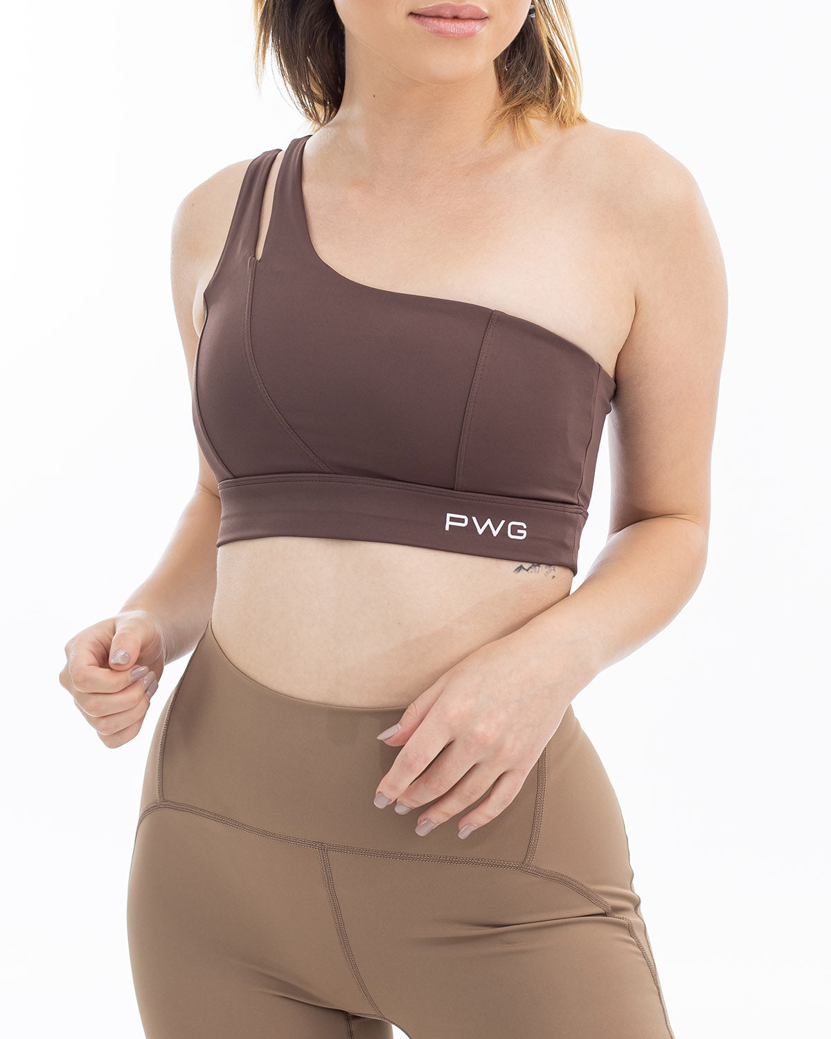 PWG Active Sense Lux One Shoulder Sports Bra in Brown, body fit, medium support, embossed contour lines, heat-sealed logo