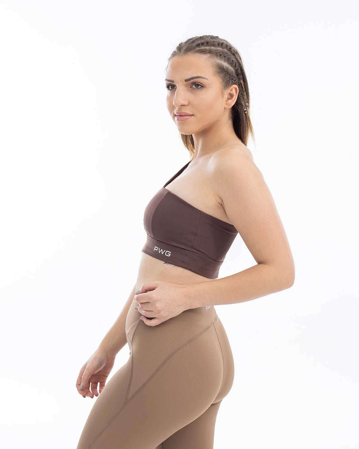 PWG Active Sense Lux One Shoulder Sports Bra in Brown, body fit, medium support, embossed contour lines, heat-sealed logo - Side View