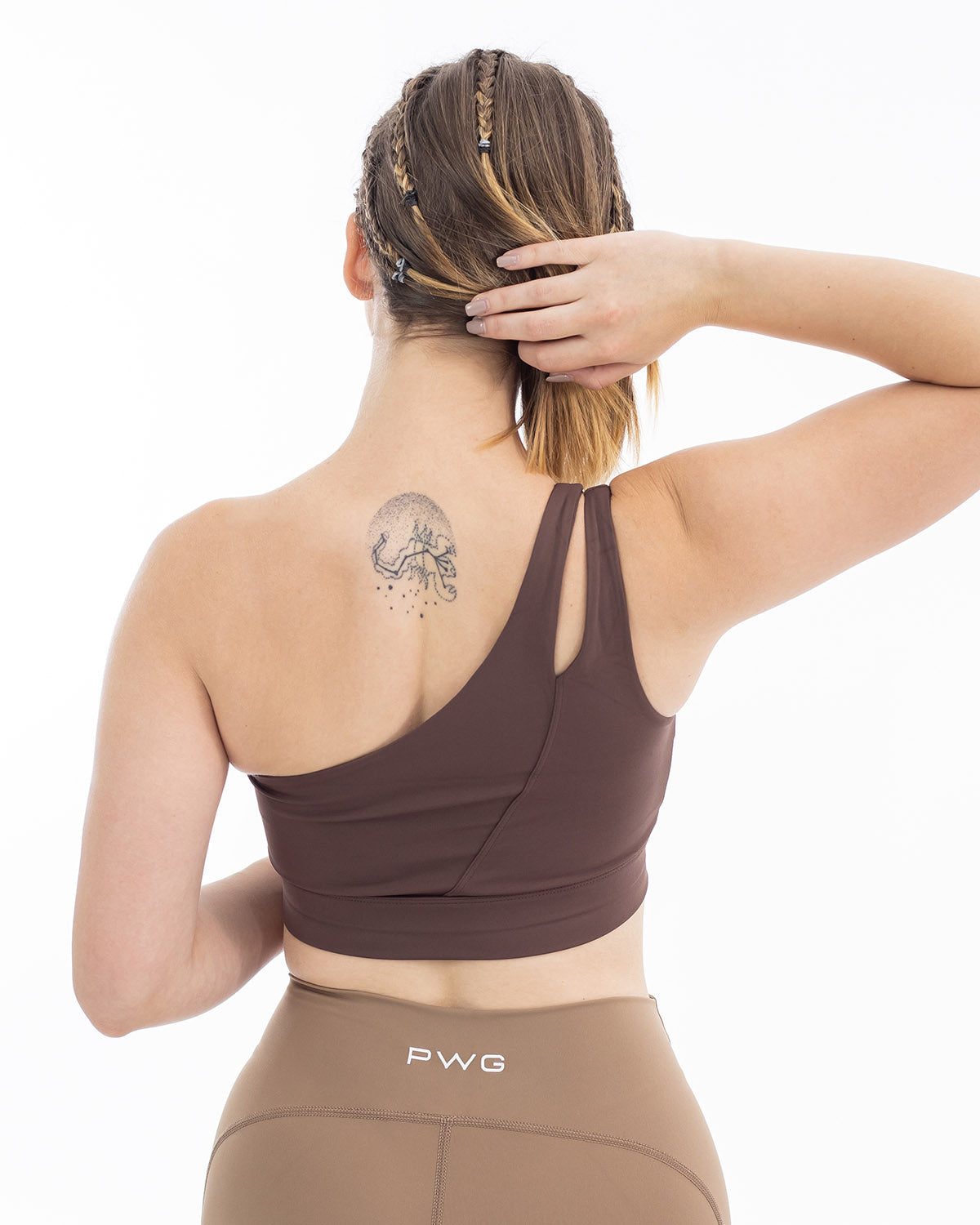 PWG Active Sense Lux One Shoulder Sports Bra in Brown, body fit, medium support, embossed contour lines, heat-sealed logo - Back View