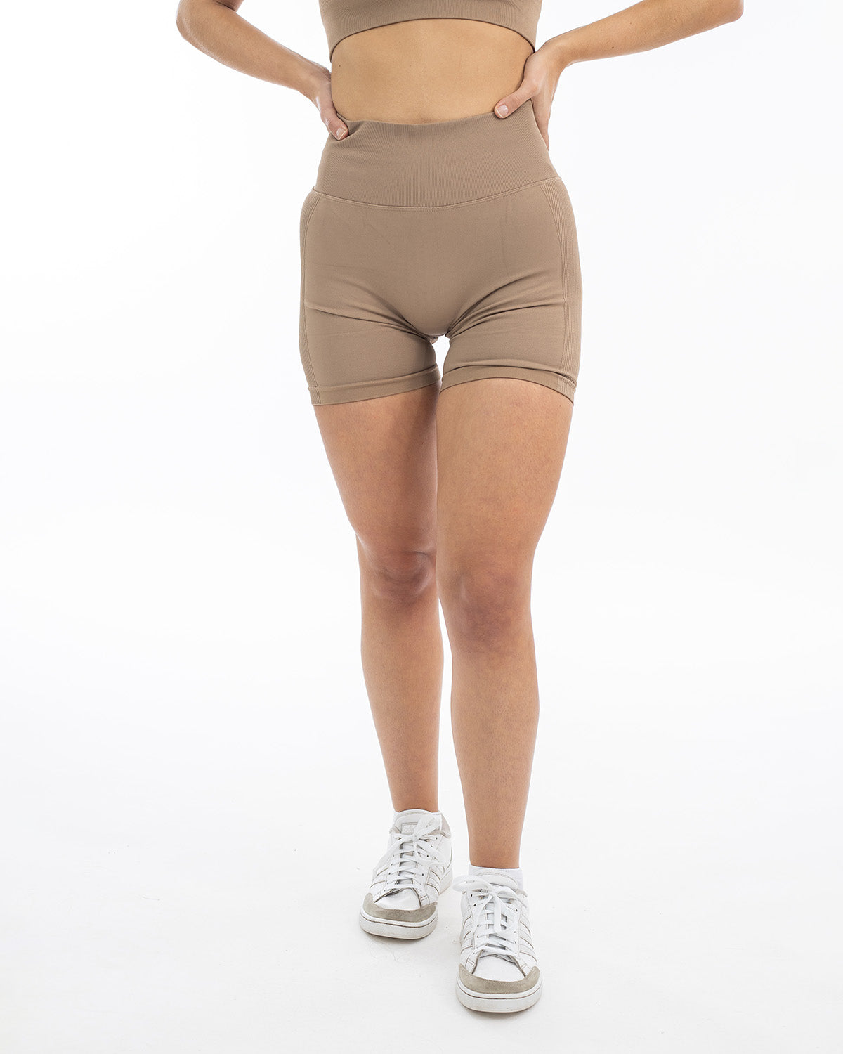 PWG Active Boost+ High Waisted Scrunch Shorts in Brown, high-waisted, scrunch design, breathable, compression stretch - Front View