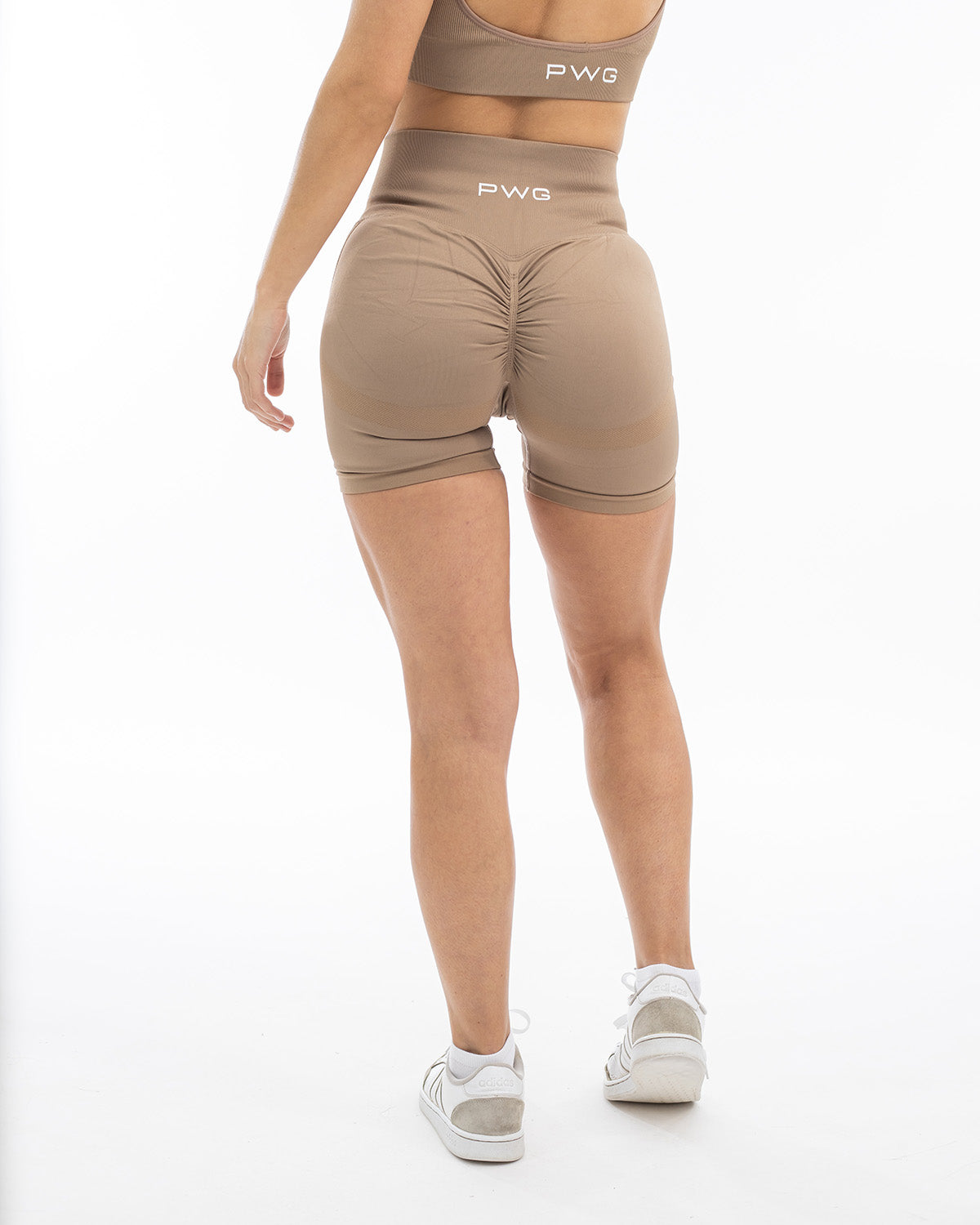 PWG Active Boost+ High Waisted Scrunch Shorts in Brown, high-waisted, scrunch design, breathable, compression stretch - Back view