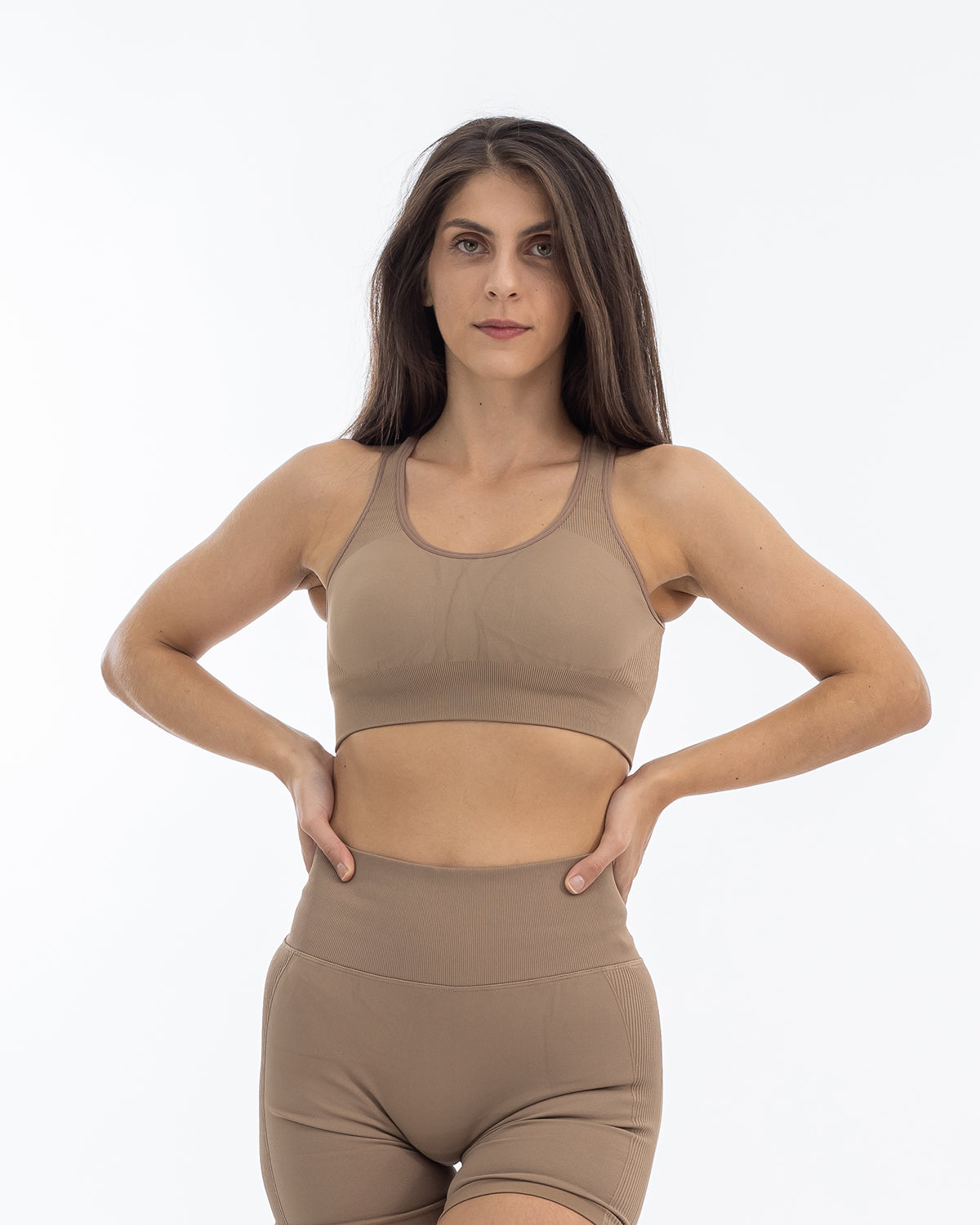 PWG Active Boost+ Open Back Sports Bra in Brown, body fit, open back, medium support, plunge neckline, embossed details - Front View