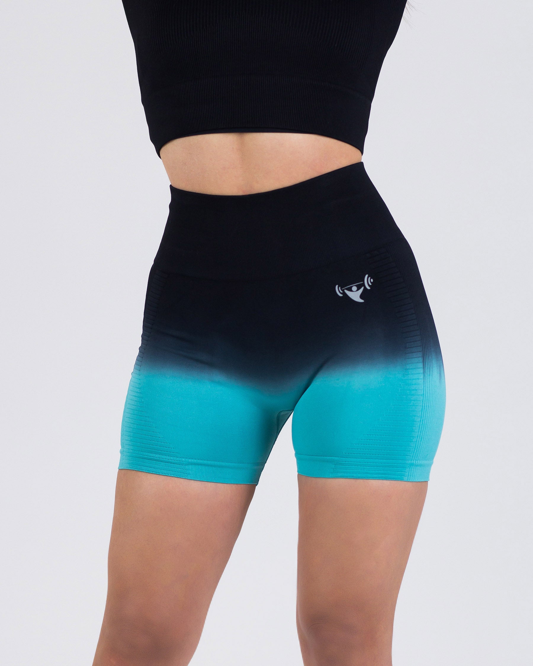 PWG Active Ombre Flex Scrunch Shorts in Aqua, high waist, ombre gradient, squat-proof, scrunch form, breathable fabric - Front View