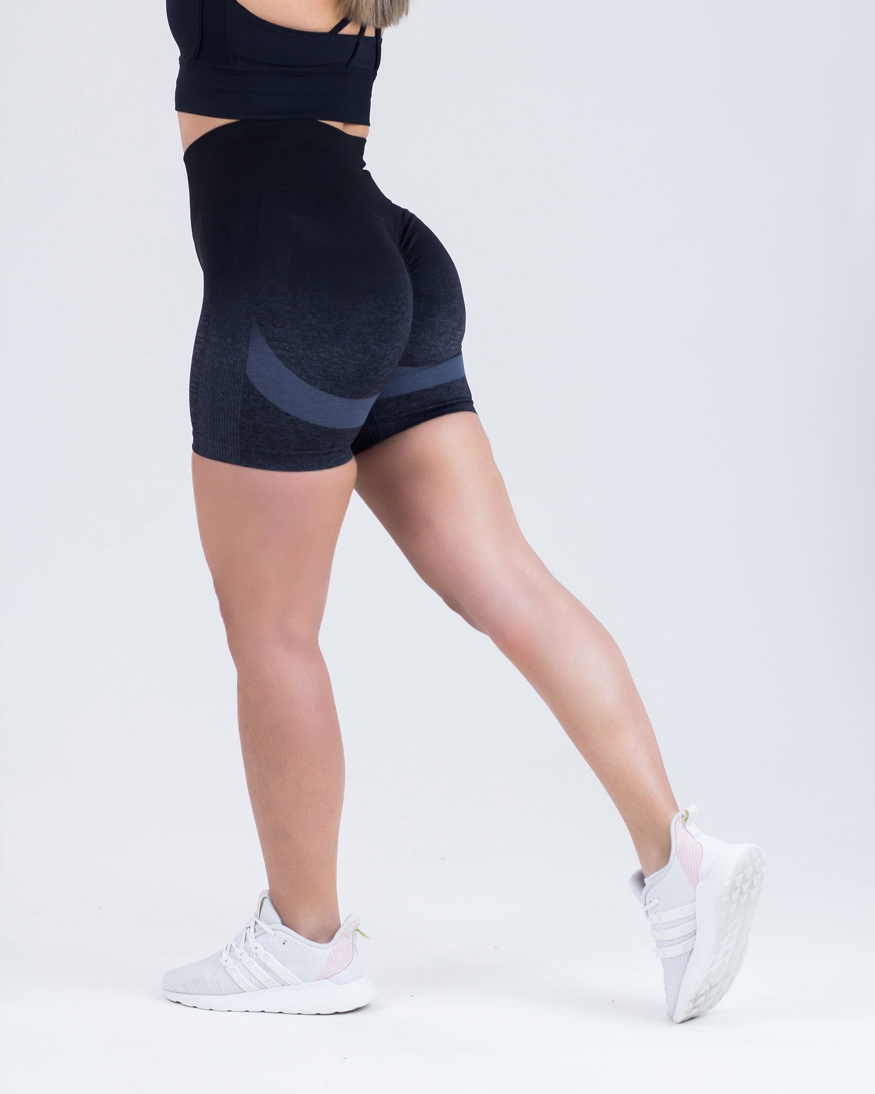 PWG Active Ombre Flex Scrunch Shorts in Grey, high waist, ombre gradient, squat-proof, scrunch form, breathable fabric - Back View